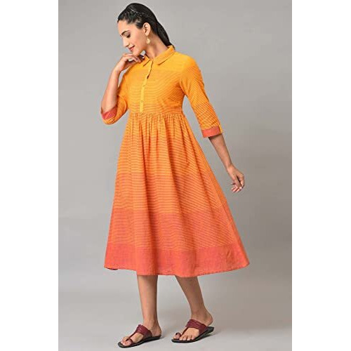 Orange Ombre Shirt Collar Summer Dress