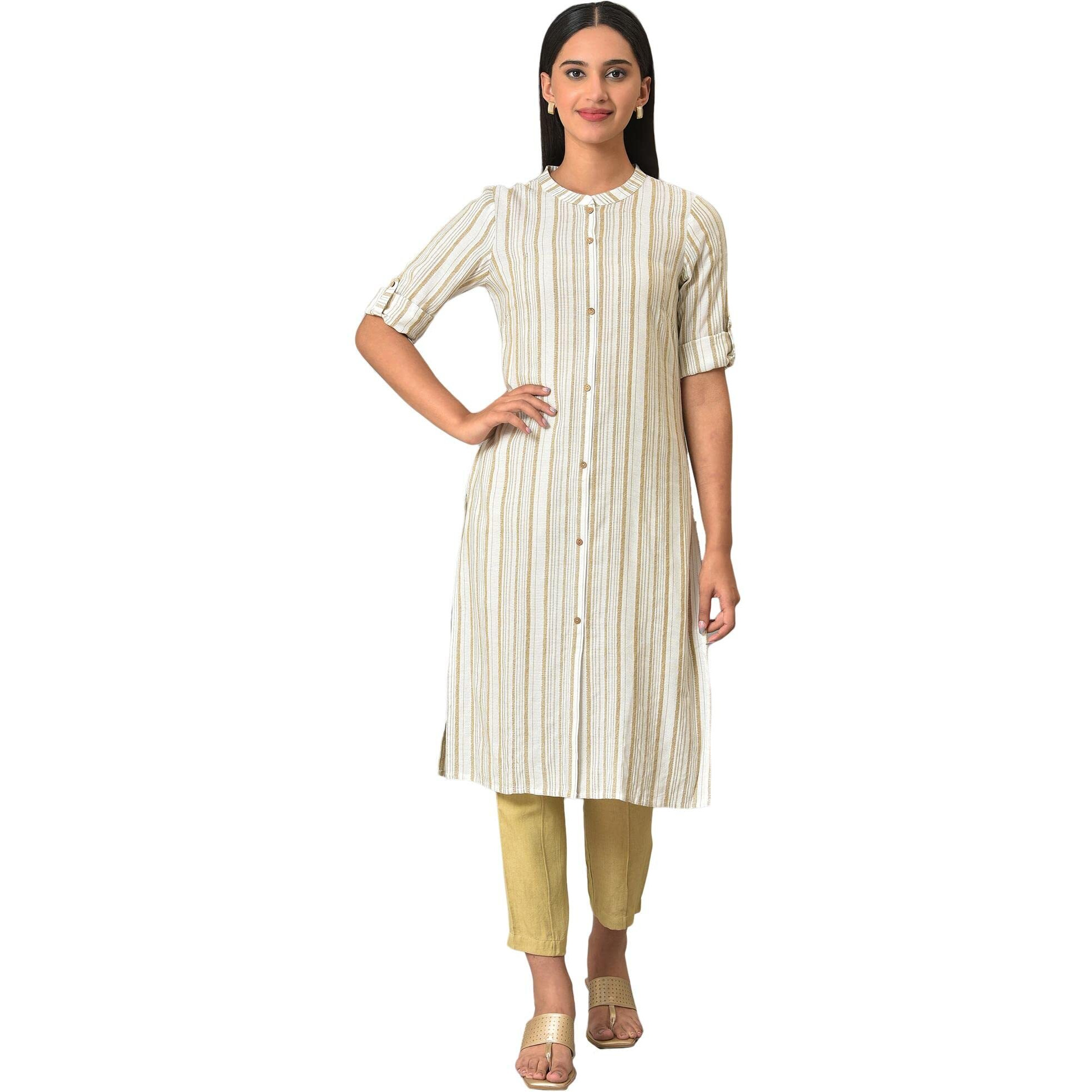 Aurelia Women's Rayon Solid Regular Beige Stripe Printed Kurta In Mandarin Collar (23Fea13763-704120