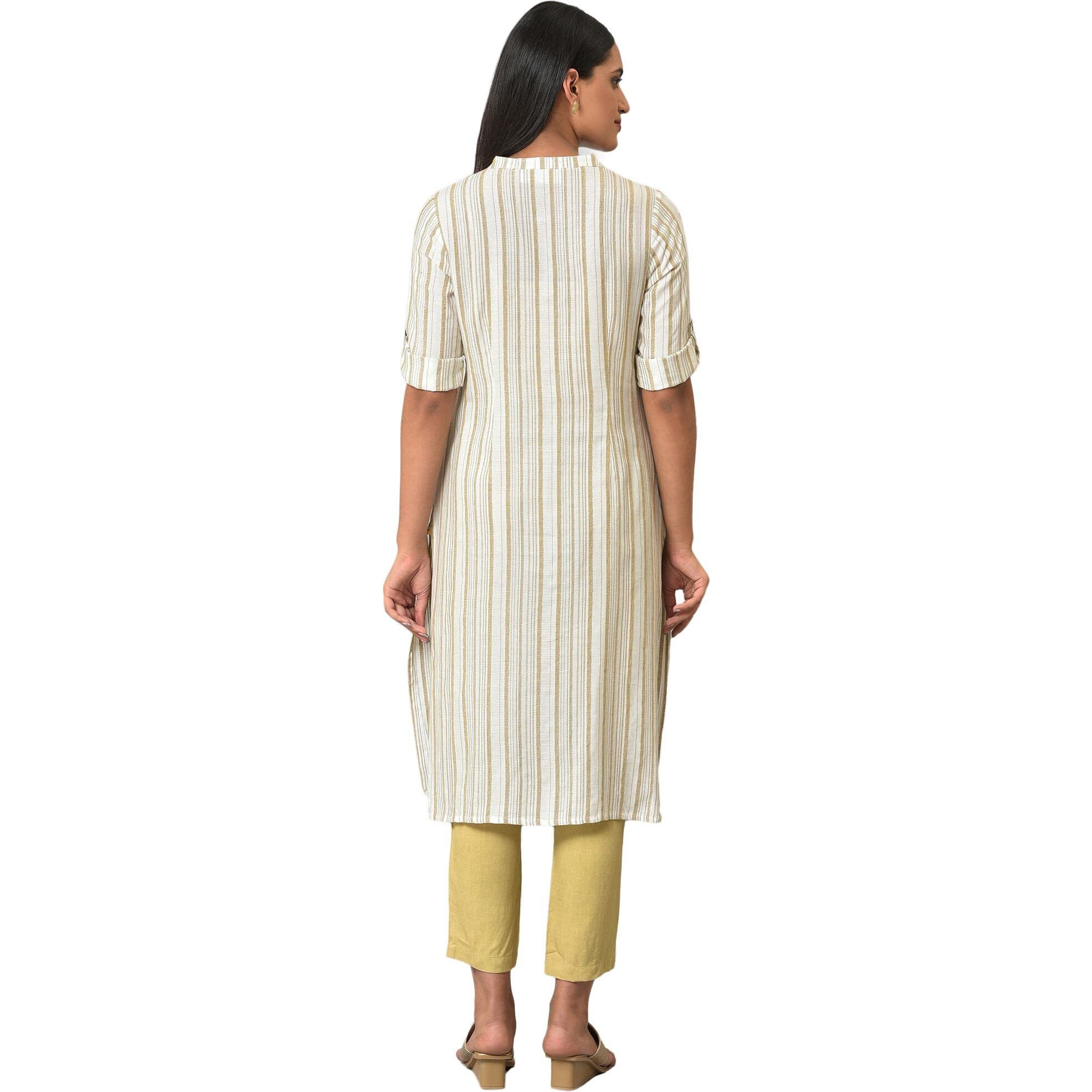 Aurelia Women's Rayon Solid Regular Beige Stripe Printed Kurta In Mandarin Collar (23Fea13763-704120