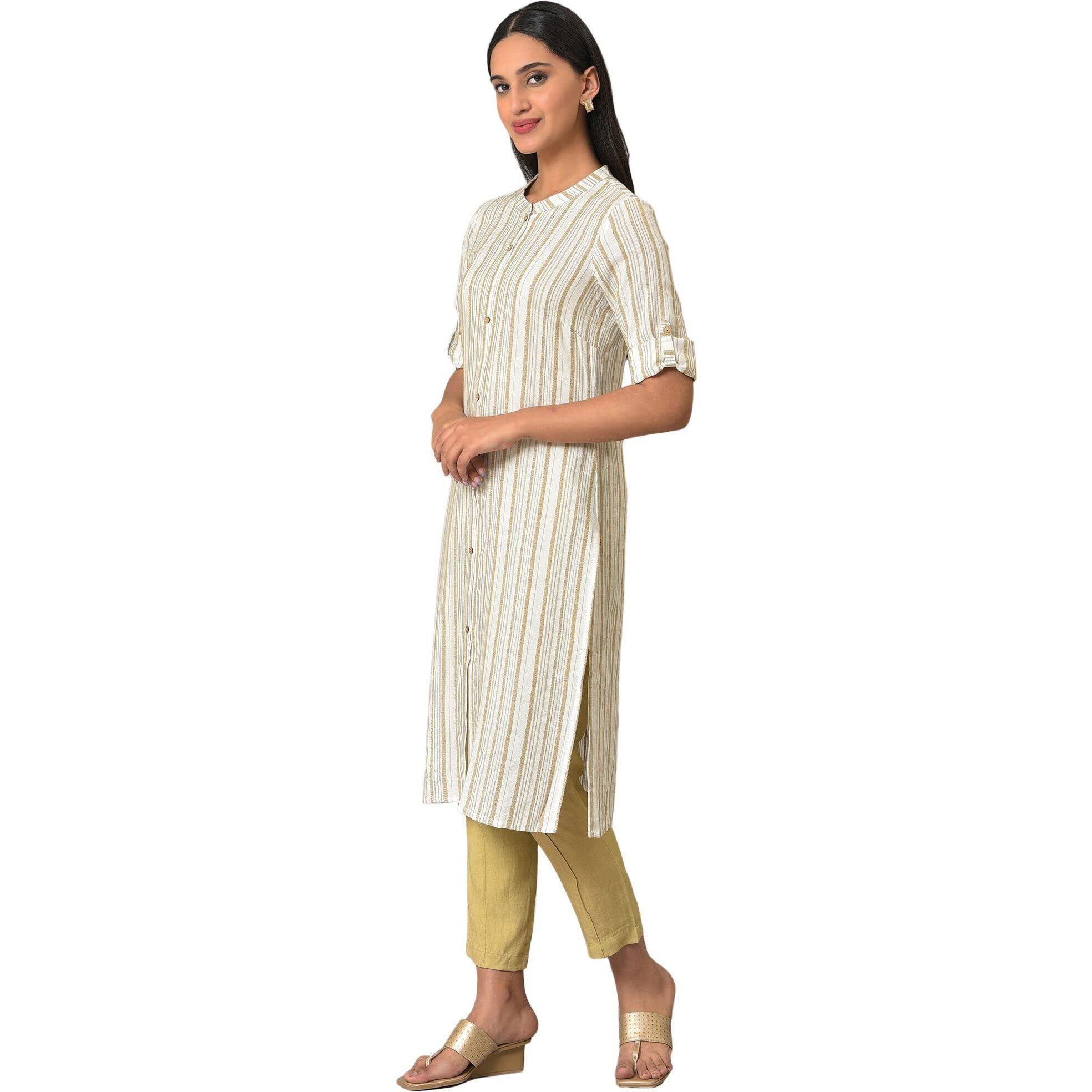 Aurelia Women's Rayon Solid Regular Beige Stripe Printed Kurta In Mandarin Collar (23Fea13763-704120