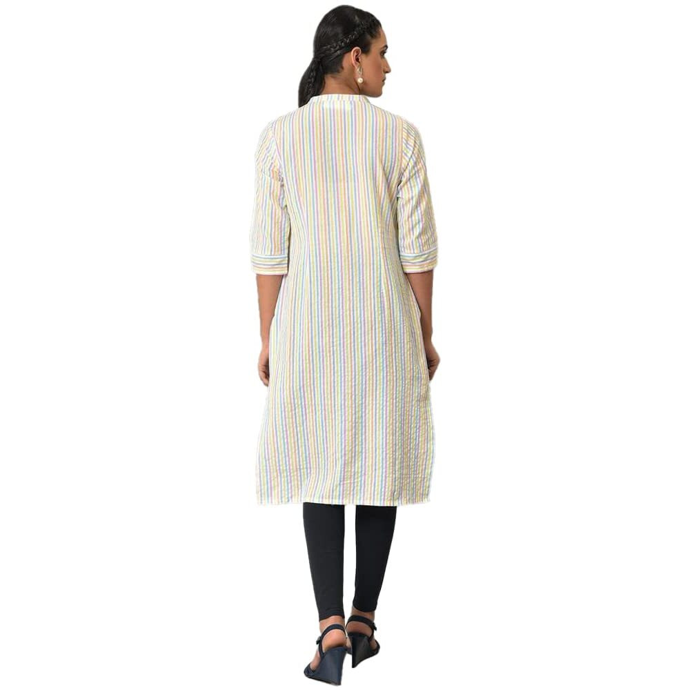 Aurelia Multi Striped Thread Embroidered Cotton Straight Long Kurta