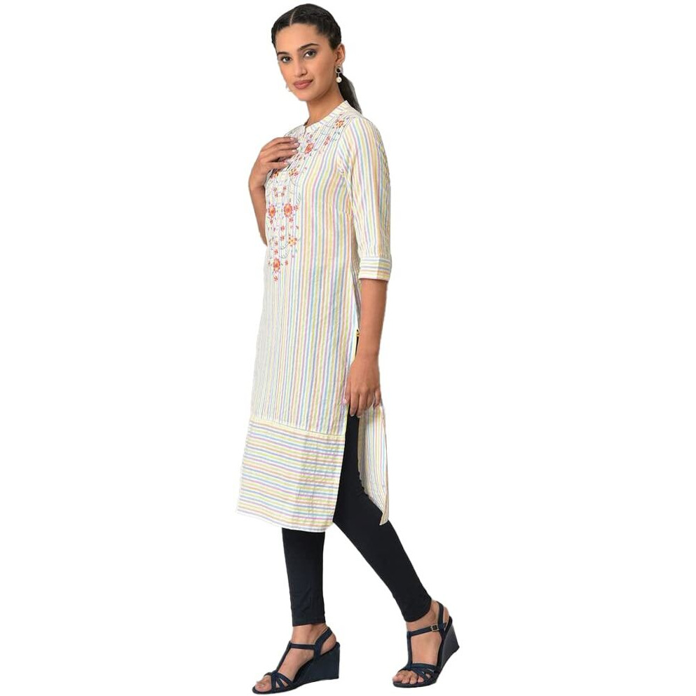 Aurelia Multi Striped Thread Embroidered Cotton Straight Long Kurta