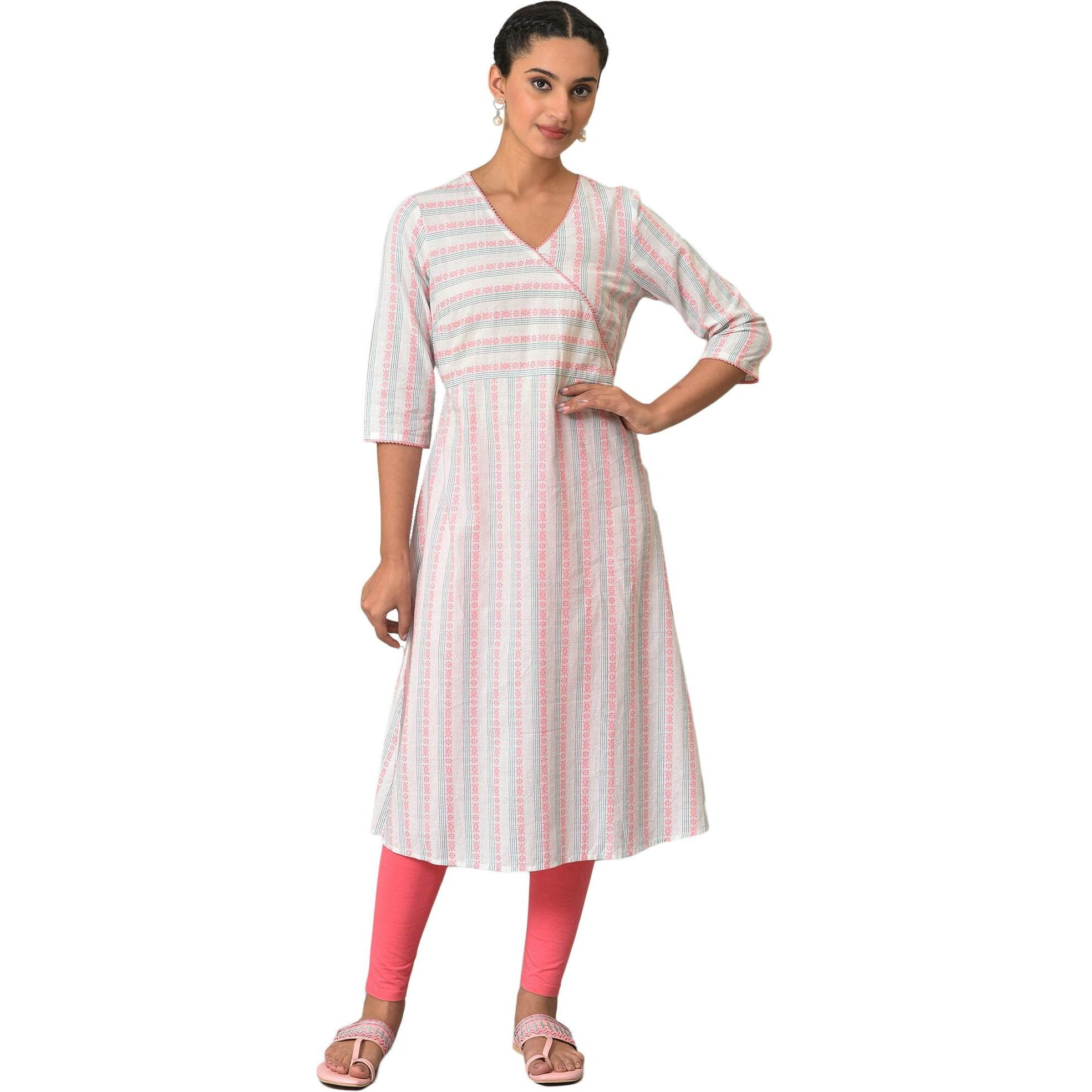 White A-Line Printed V-Neck Kurta