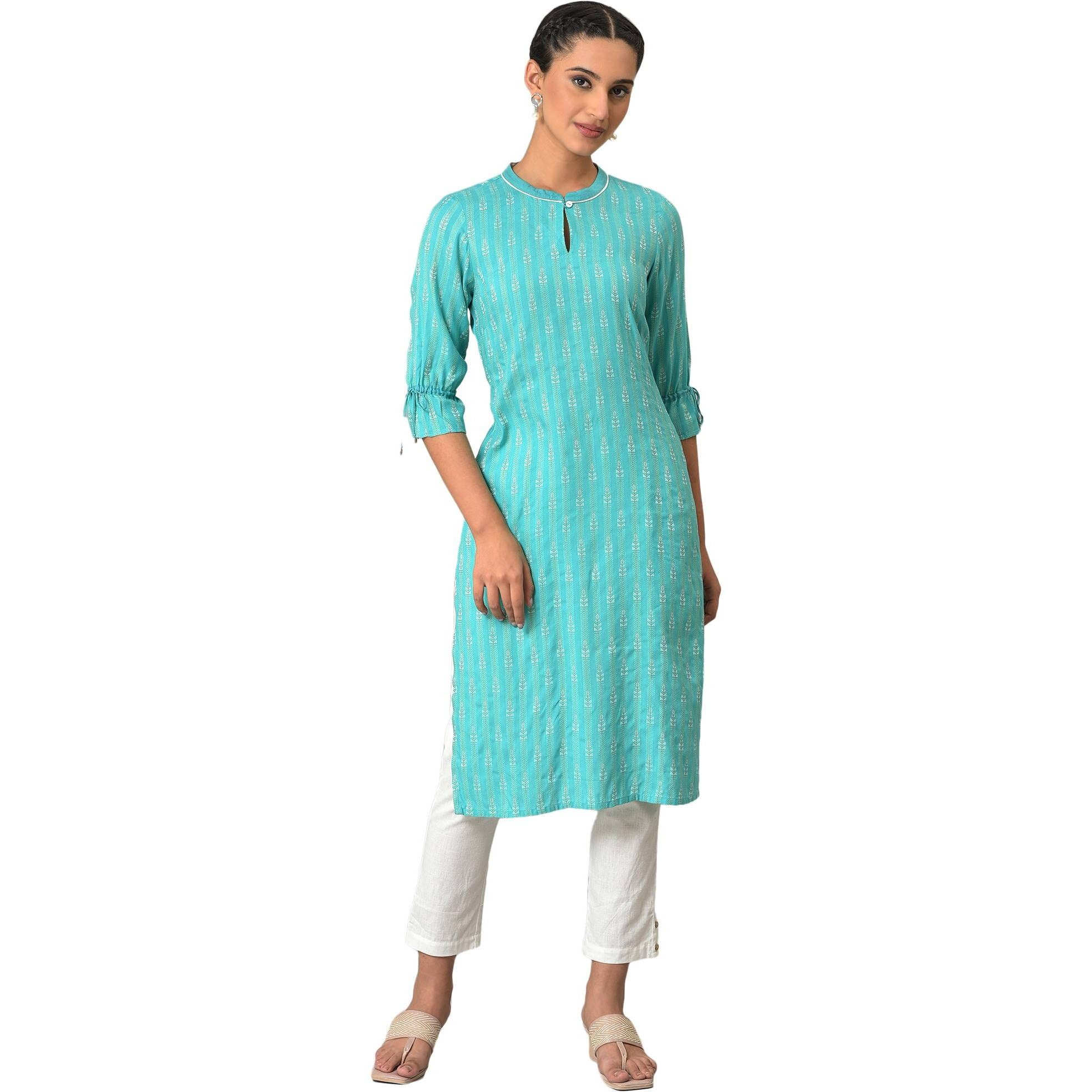 Aurelia Women's Rayon Solid Regular Green Printed Dobby Kurta (23Fea13799-702938