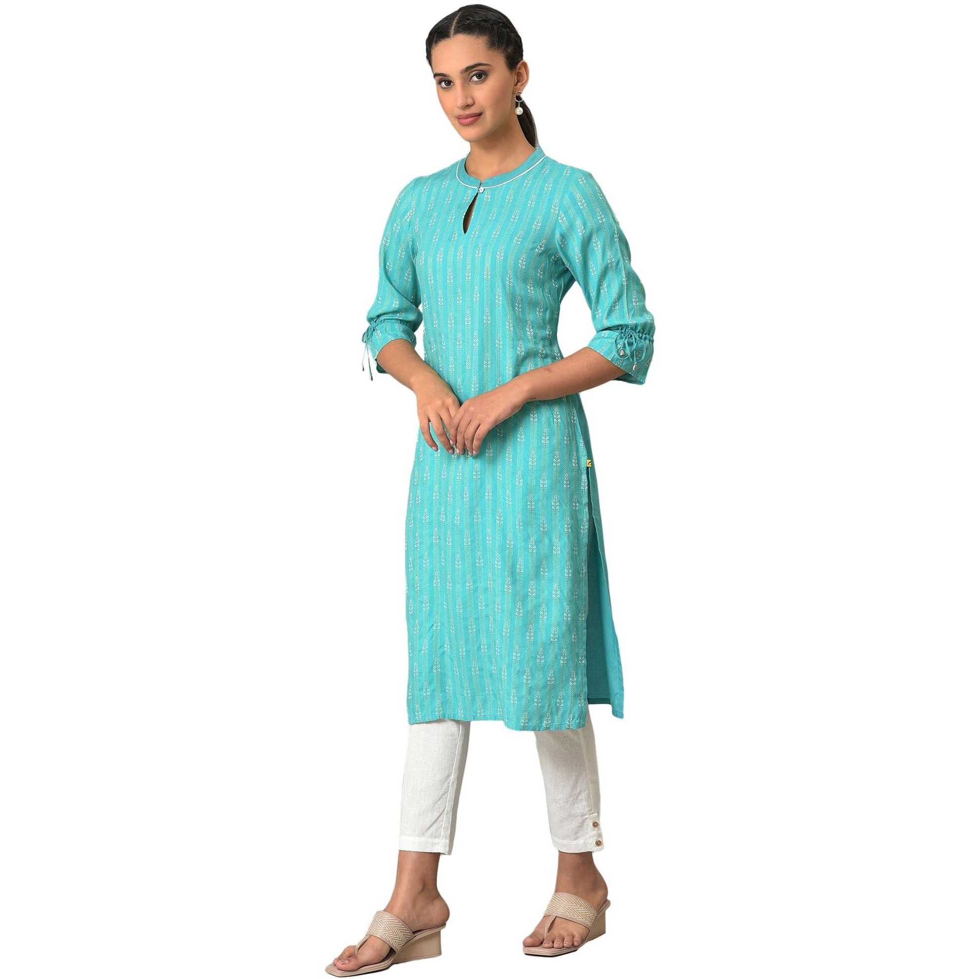 Aurelia Women's Rayon Solid Regular Green Printed Dobby Kurta (23Fea13799-702938