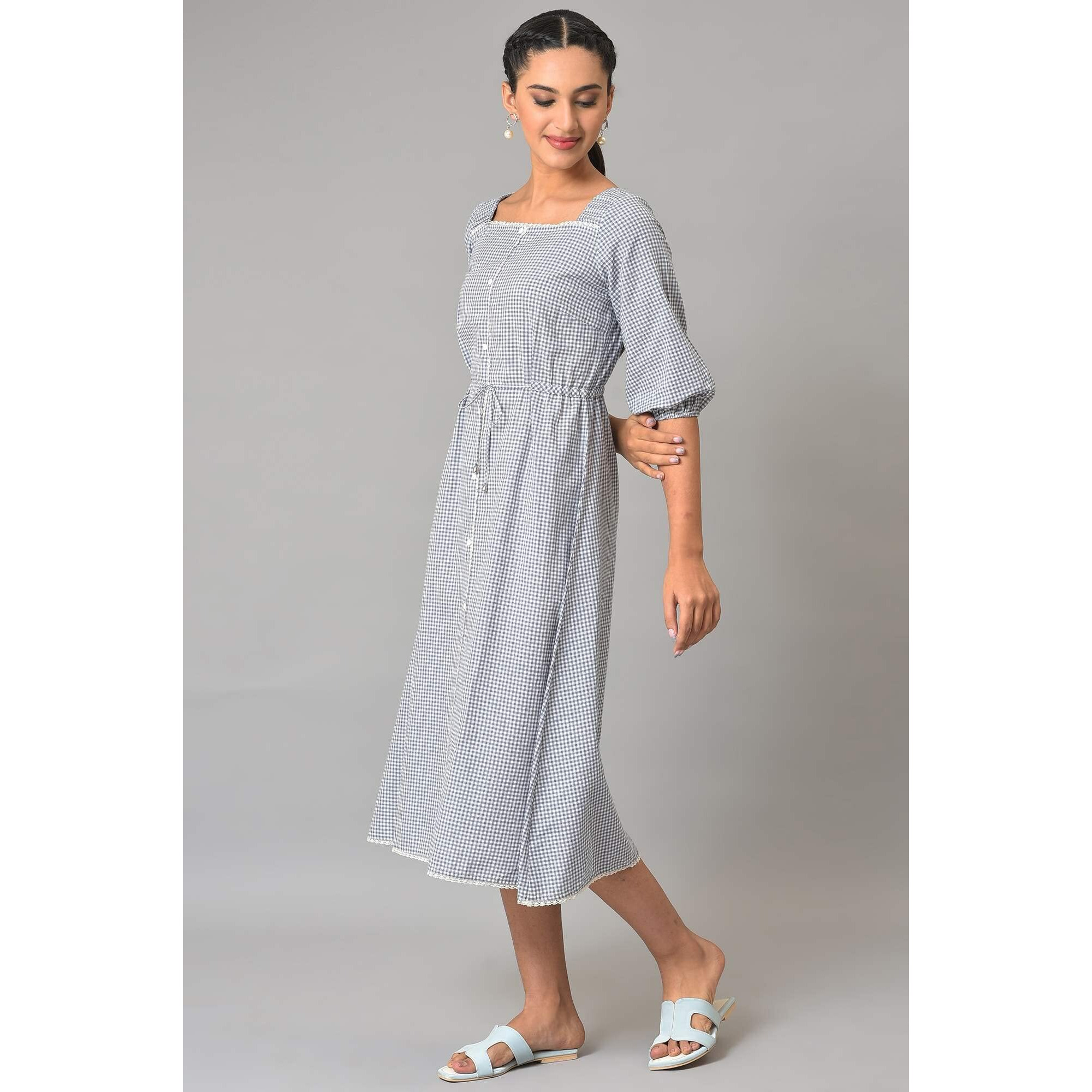 Aurelia Women's Cotton Midi Check White Dress