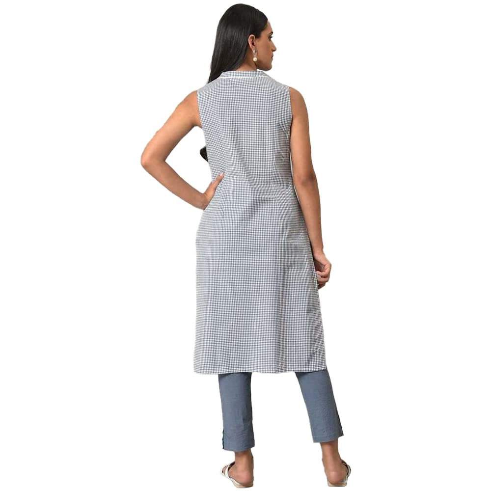 Blue Ghimgham And Dobby Sleeveless Kurta