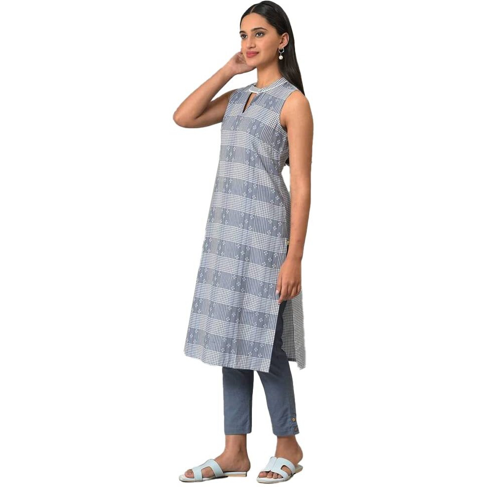 Blue Ghimgham And Dobby Sleeveless Kurta