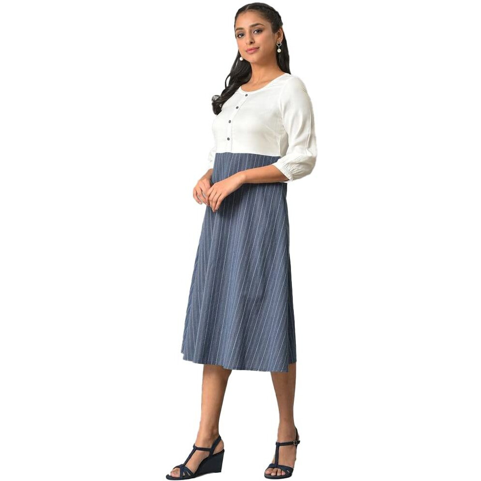 Aurelia Blue Striped Cotton Shirt Dress For Women