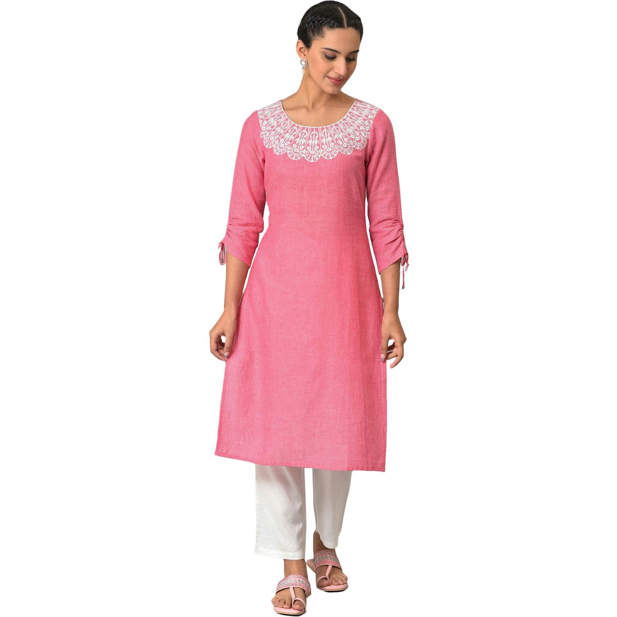 Aurelia Women's Floral Printed Printed Straight Long Red Cotton Kurta