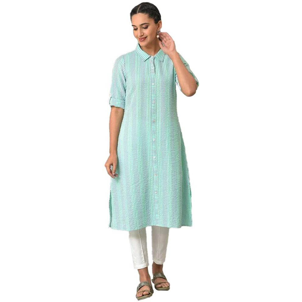 Green A-Line Shirt Collar Kurta