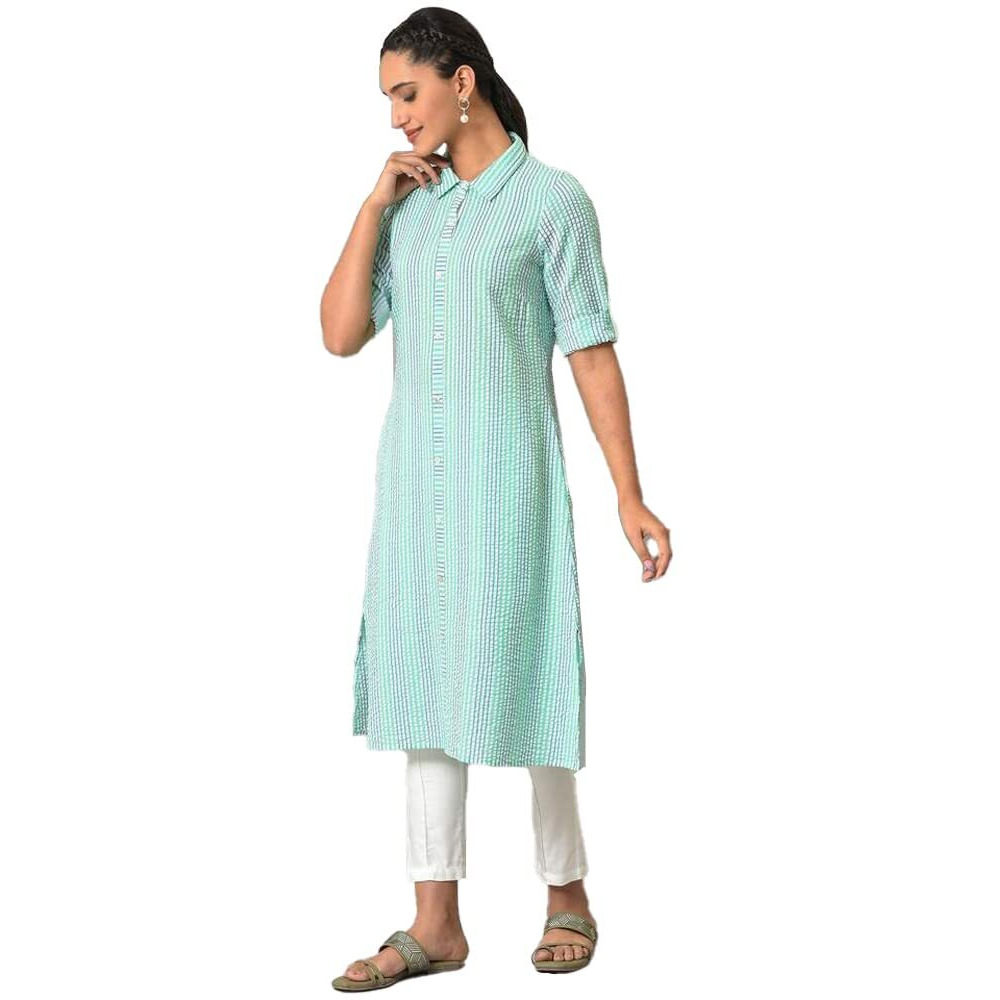 Green A-Line Shirt Collar Kurta