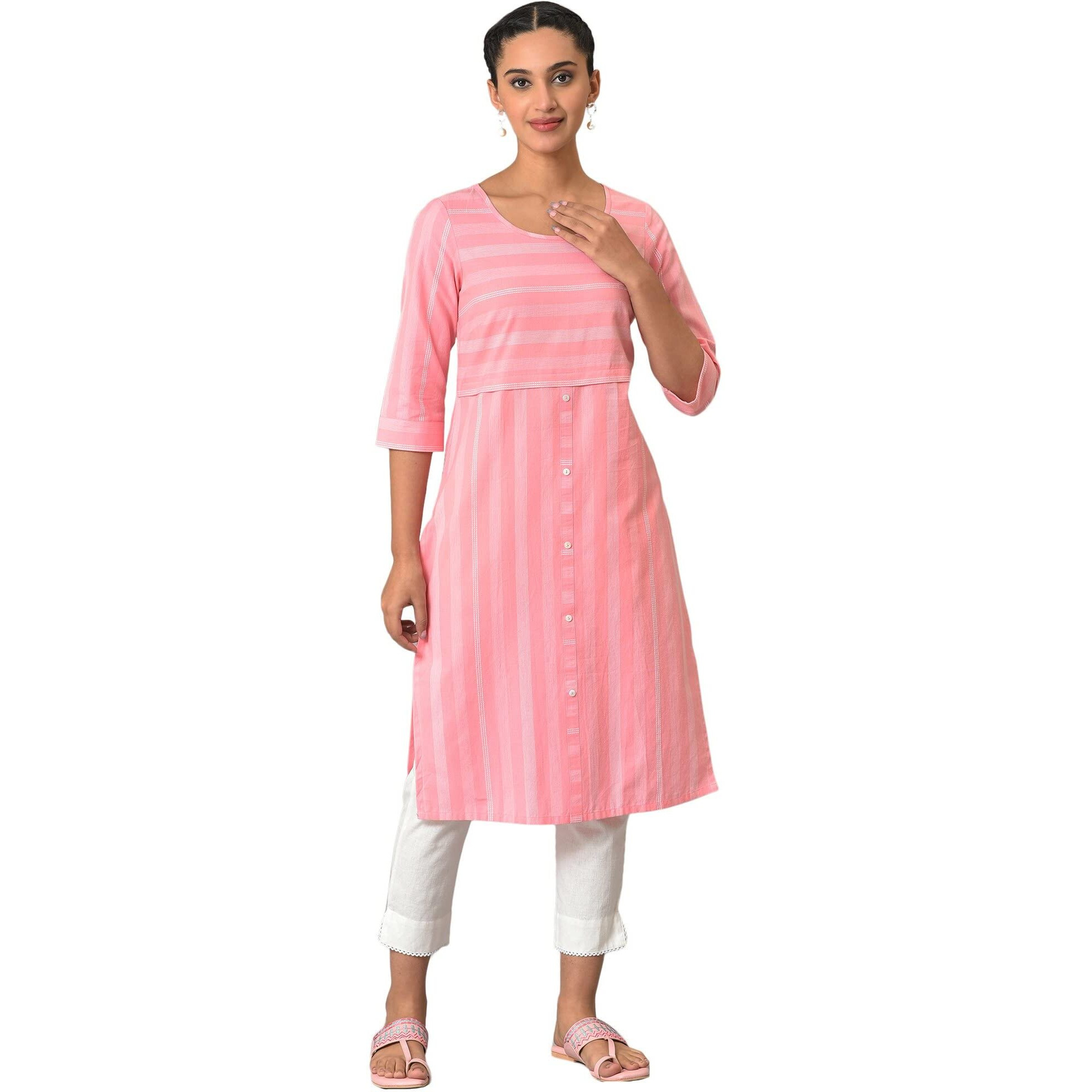 Pink Printed Round Neck Kurta