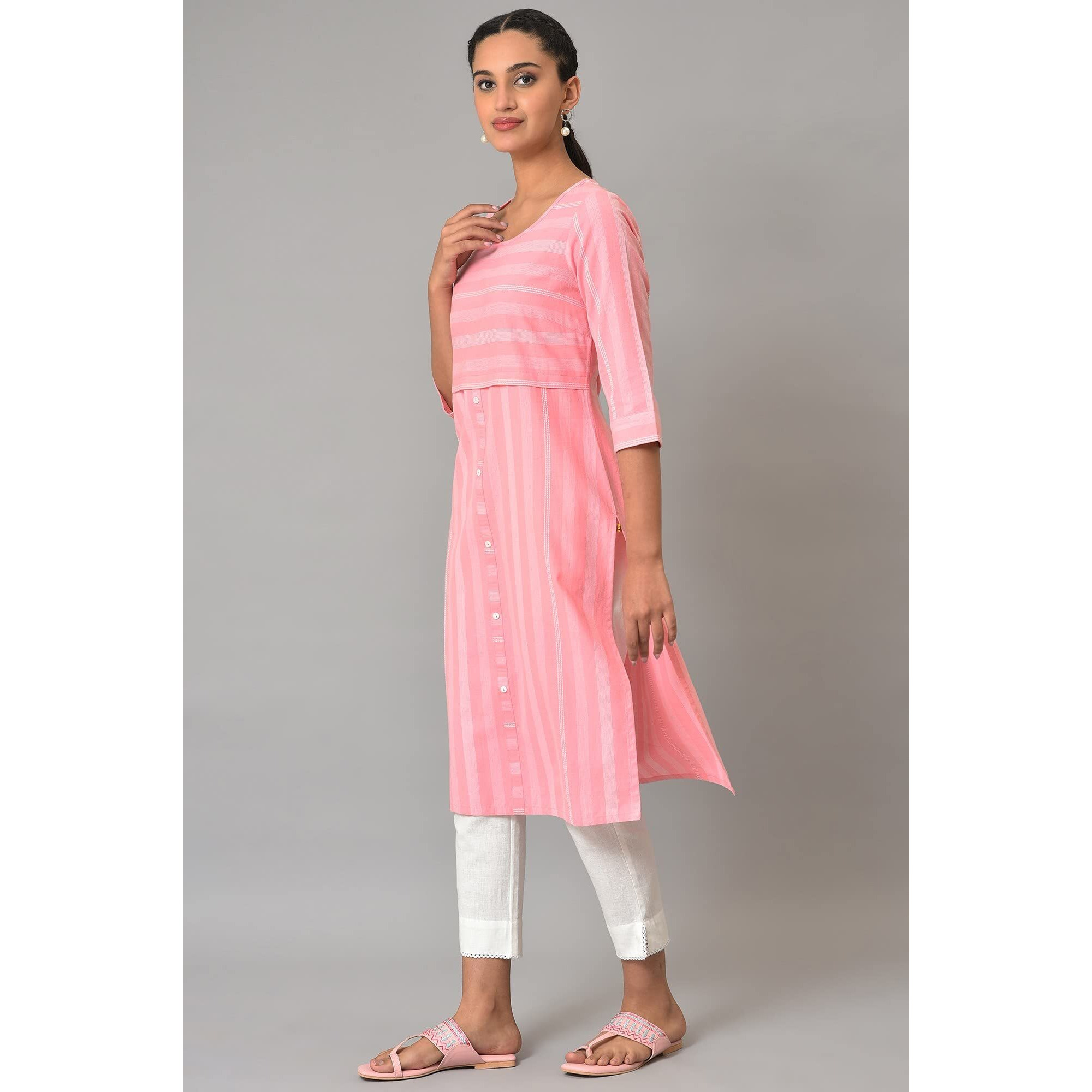 Pink Printed Round Neck Kurta