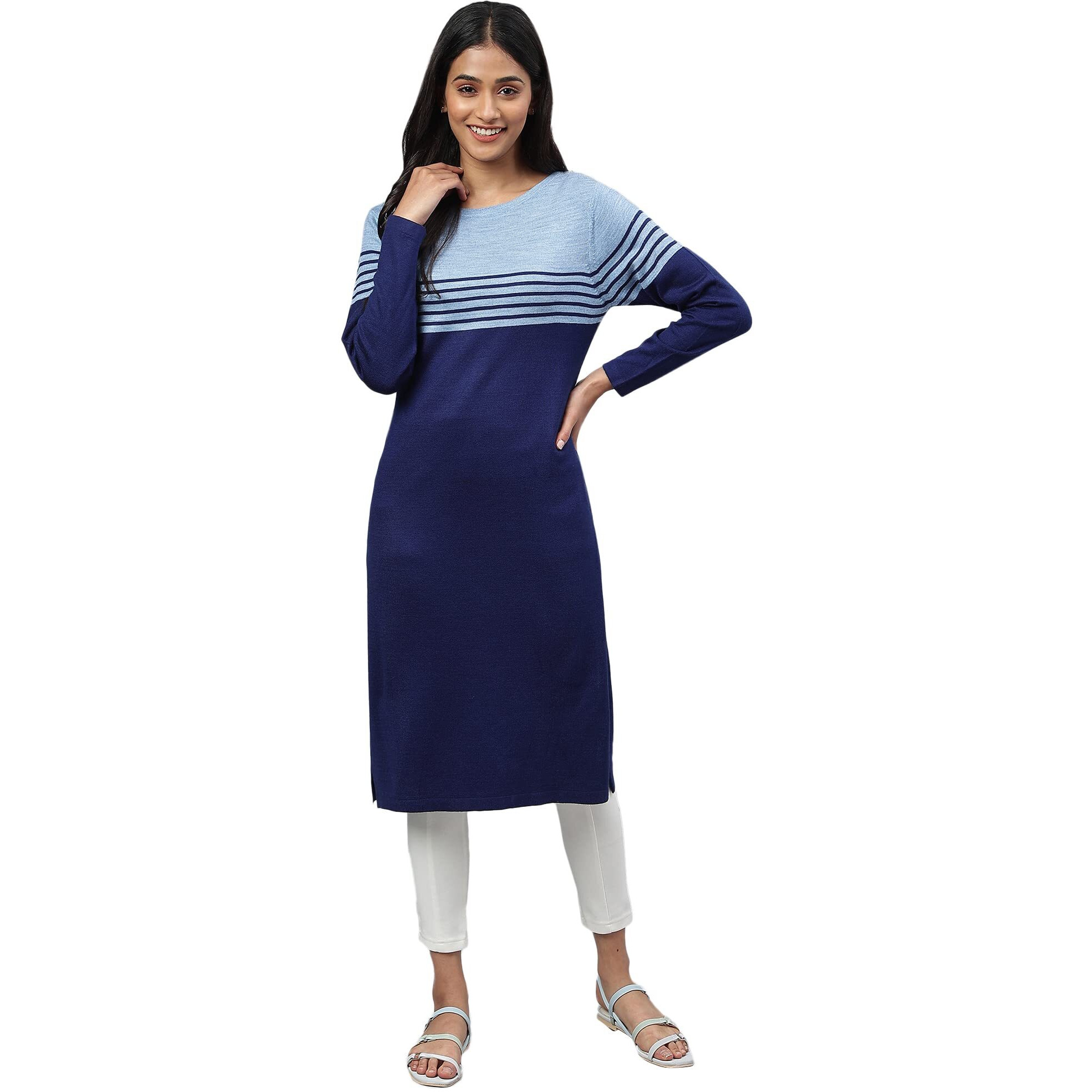 Blue Colour Blocked Plus Size Winter Kurta