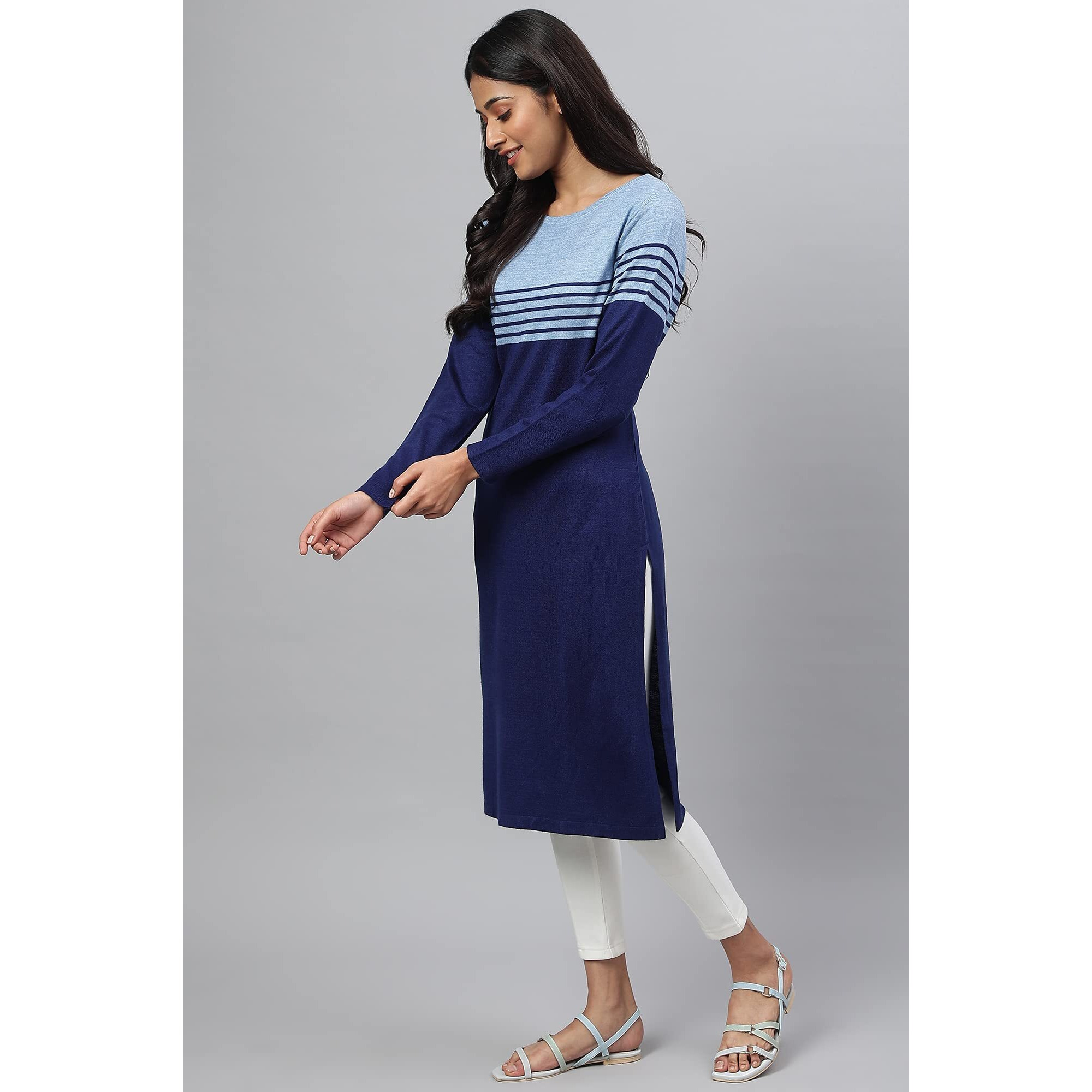 Blue Colour Blocked Plus Size Winter Kurta