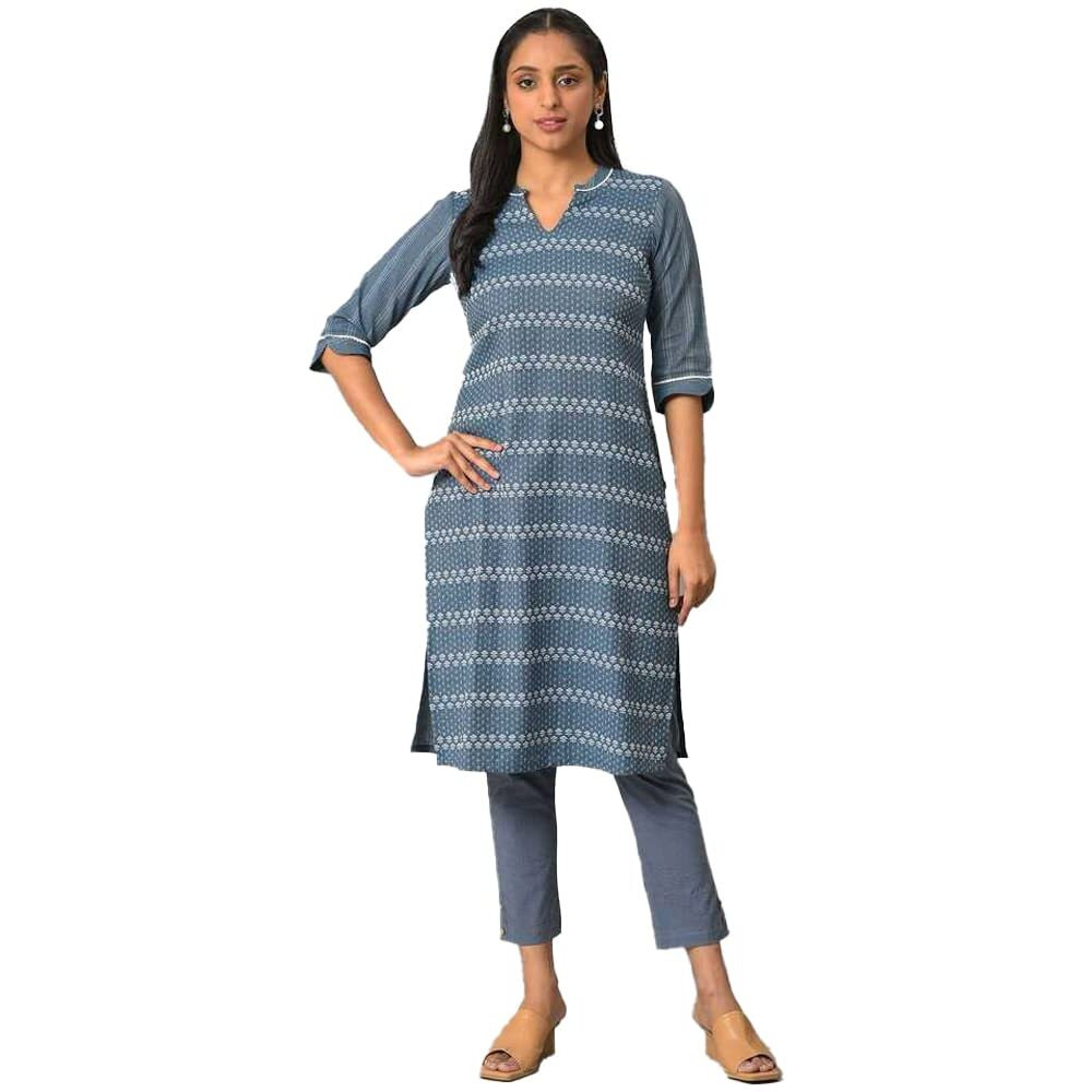 Aurelia Women's Blue Geometric Printed Printed Cotton Regular Kurta