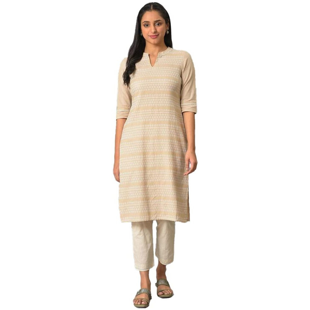 Aurelia Beige Geometric Printed Printed Cotton Regular Kurta For Women