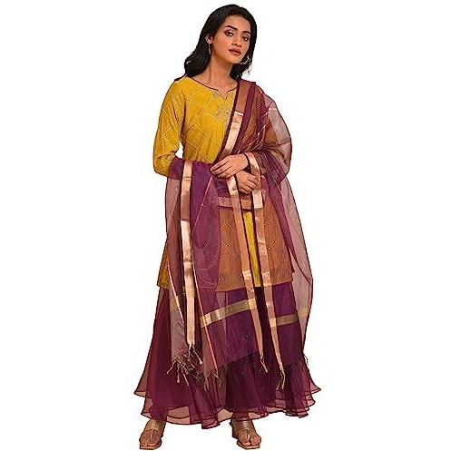 W For Woman Solid Above Knee Blended Woven Women's Kurta Trouser Dupatta Set (Light_Olive,2Xl)