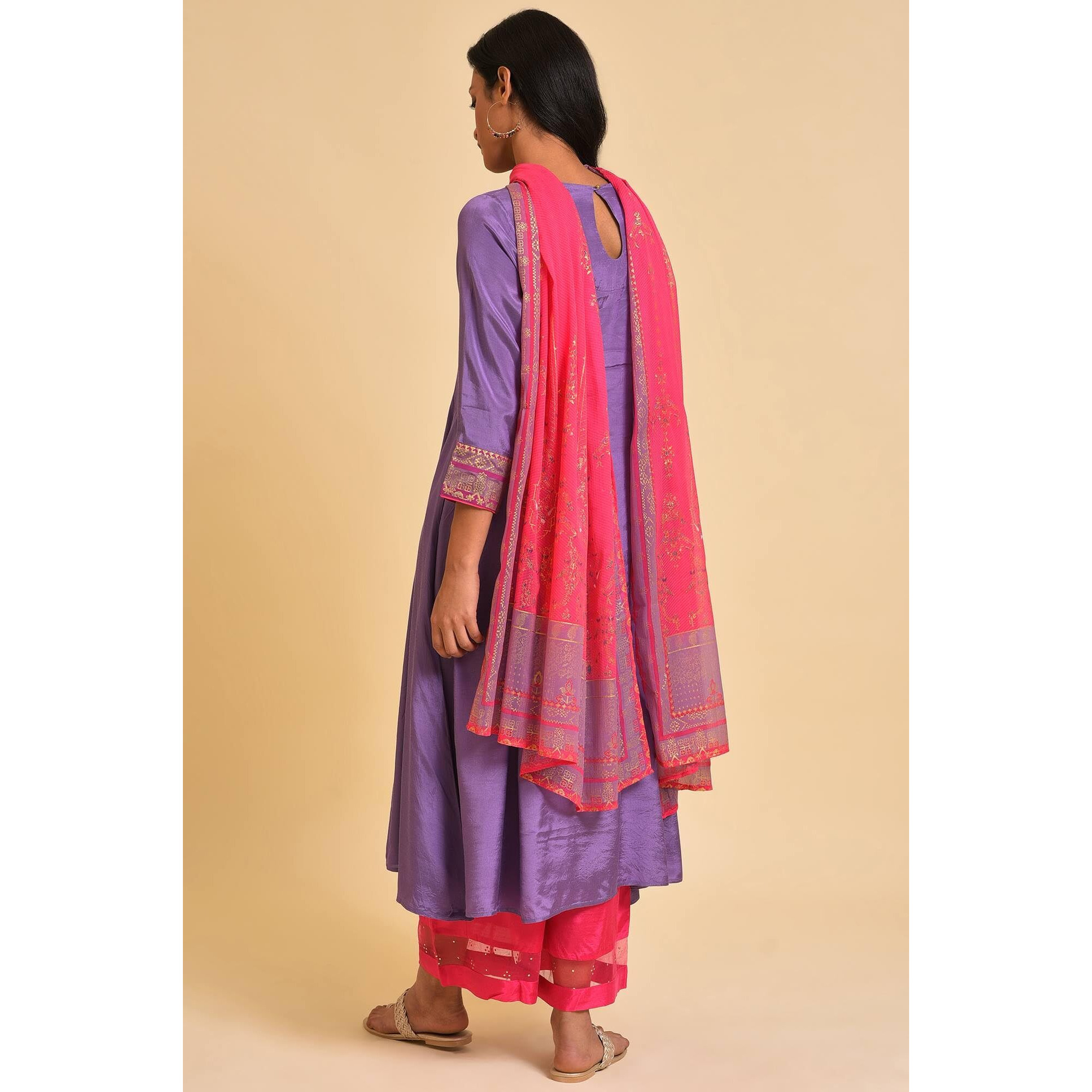 Wishful By W Women Shantung Embroidered Flared Purple Kurta And Pants Set With Dupatta | Embroidered Ethnic Kurta Set With Dupatta | Women Flared Kurta Set