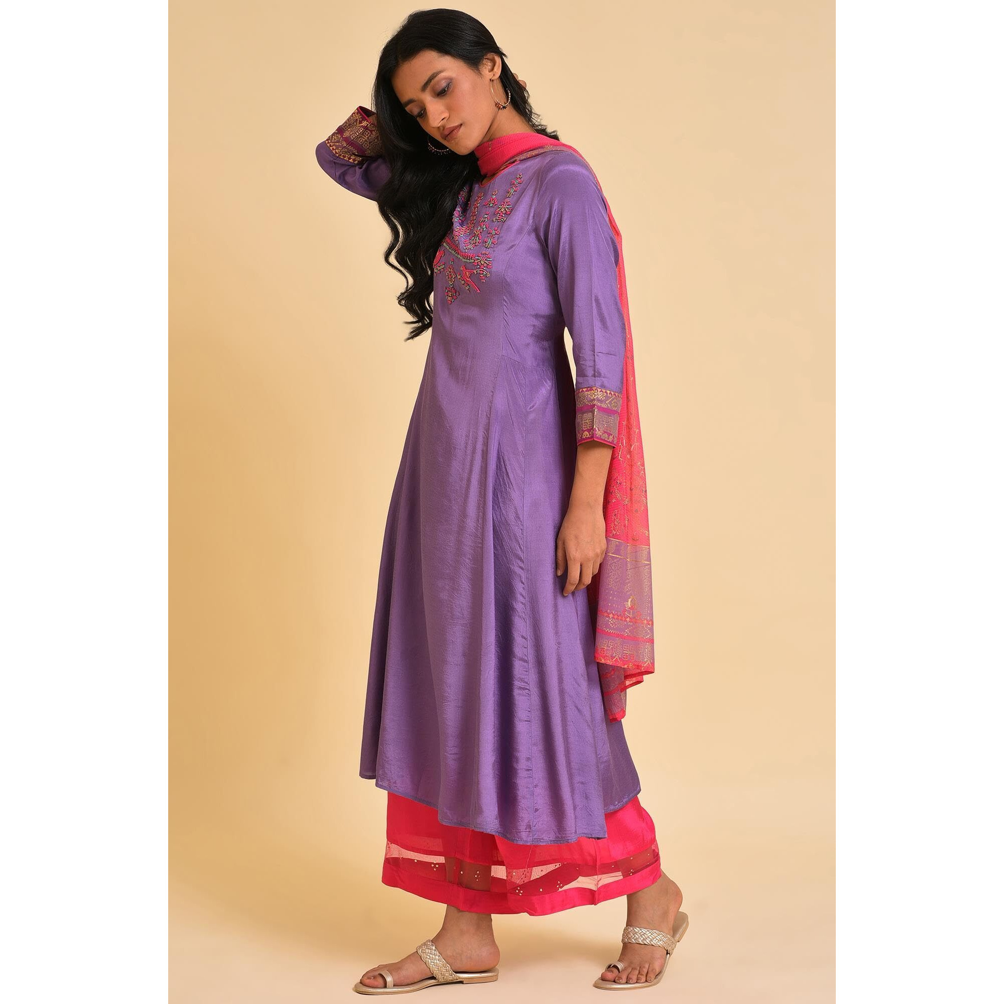 Wishful By W Women Shantung Embroidered Flared Purple Kurta And Pants Set With Dupatta | Embroidered Ethnic Kurta Set With Dupatta | Women Flared Kurta Set