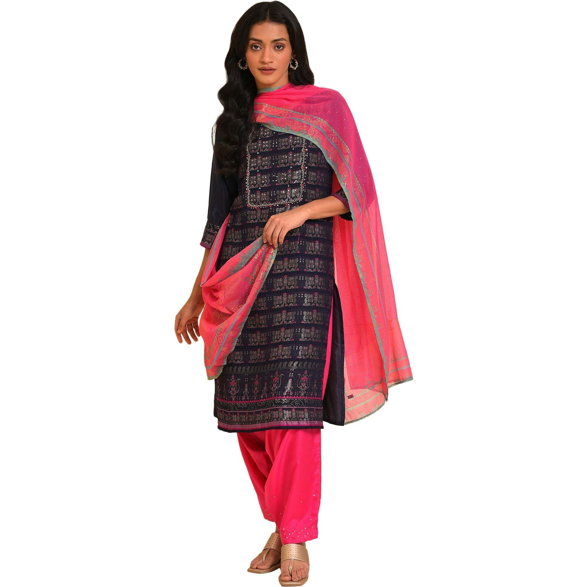 W For Woman Women's Rayon Kurta, Salwar & Dupatta (23Fesp11190-312495_Navy