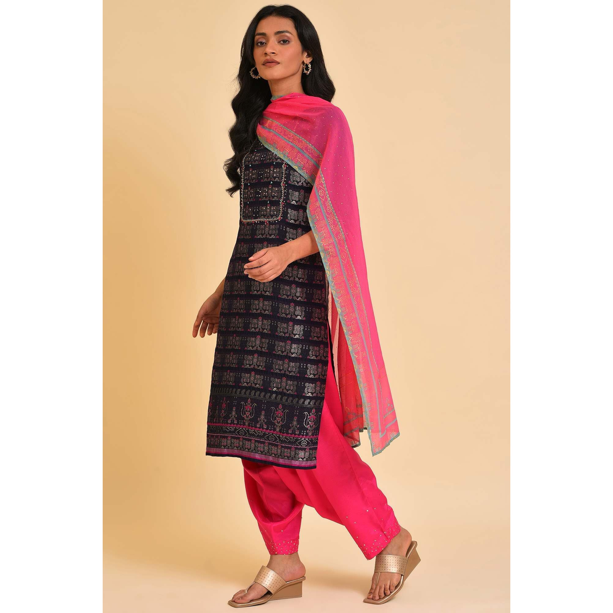 W For Woman Women's Rayon Kurta, Salwar & Dupatta (23Fesp11190-312495_Navy