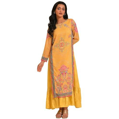 W For Woman Women's Polyester Yellow Printed Mock Layer Dress Knee-Length 23Fes11308-120931