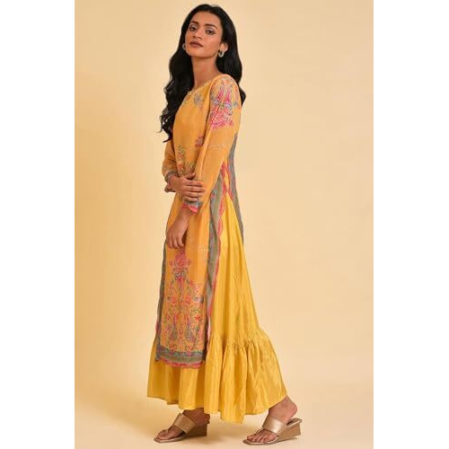 W For Woman Women's Polyester Yellow Printed Mock Layer Dress Knee-Length 23Fes11308-120931