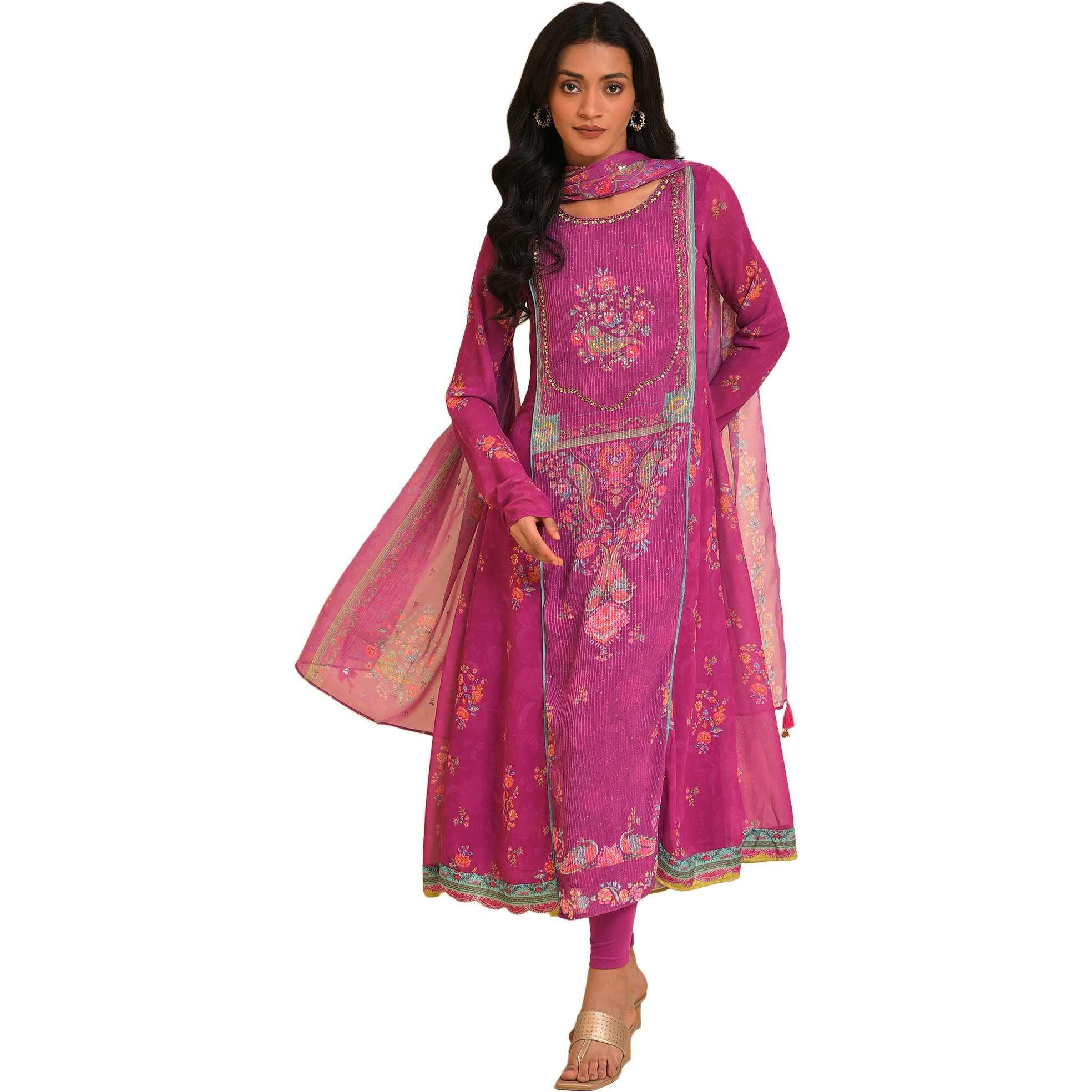 W For Woman Women's Polyester Kurta, Tight & Dupatta (23Fesp11306-120928_Dark_Pink