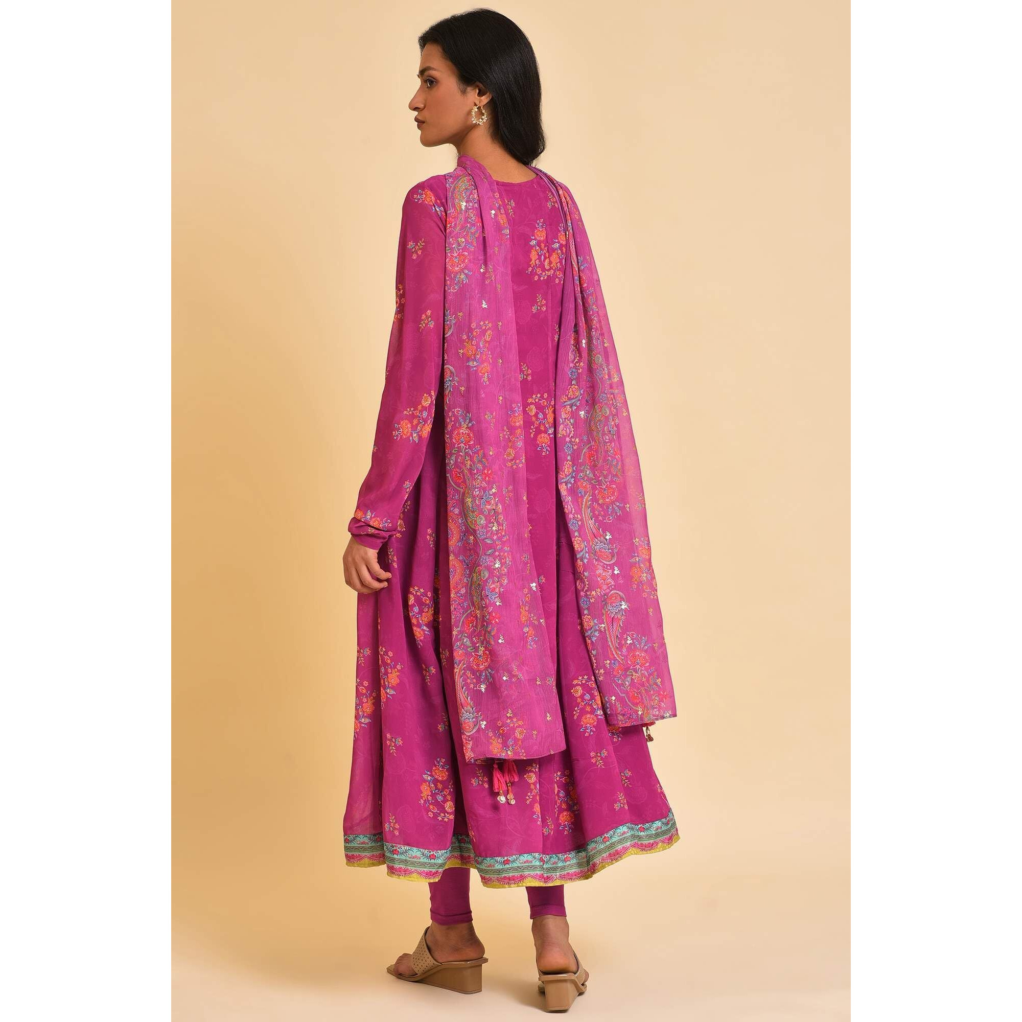 W For Woman Women's Polyester Kurta, Tight & Dupatta (23Fesp11306-120928_Dark_Pink