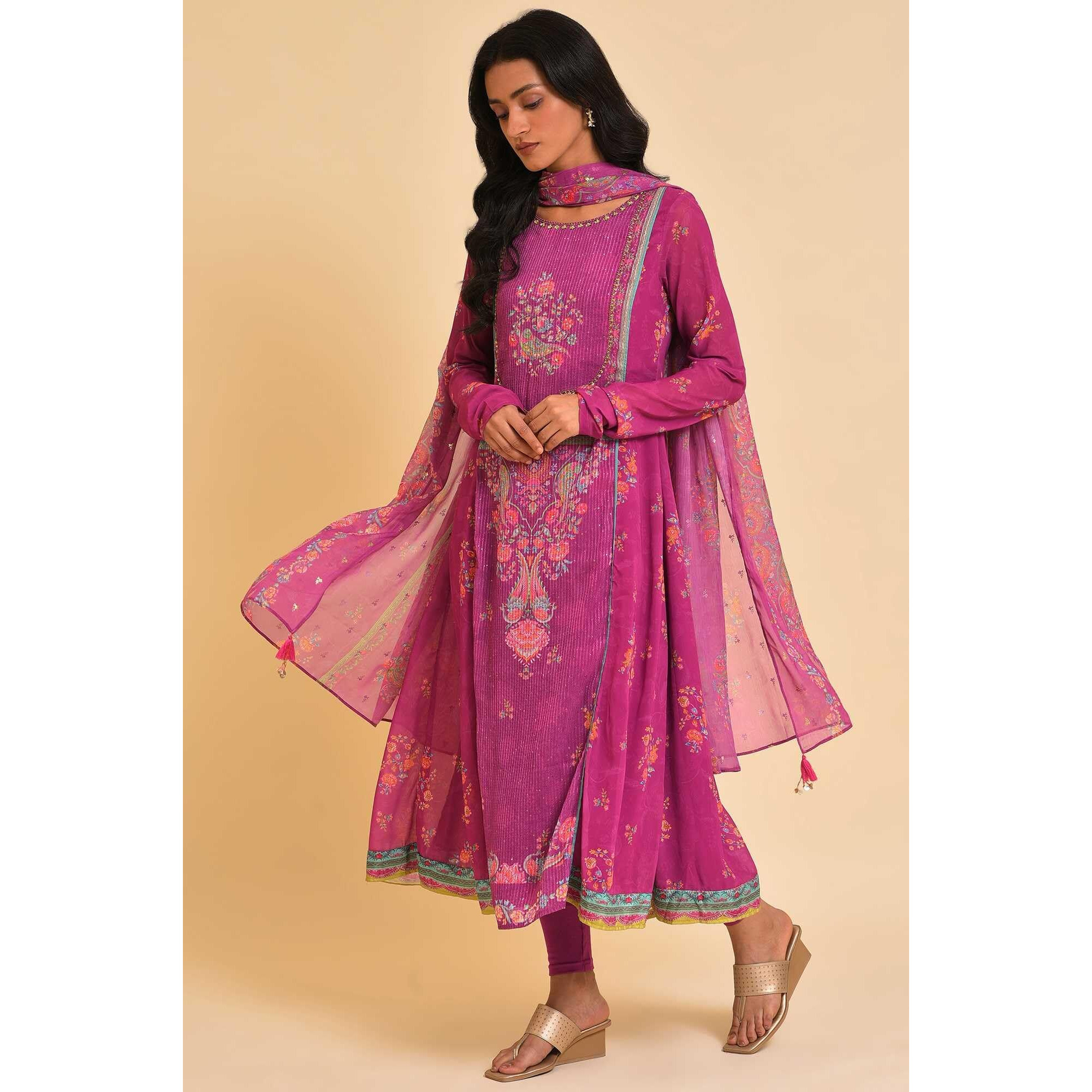 W For Woman Women's Polyester Kurta, Tight & Dupatta (23Fesp11306-120928_Dark_Pink