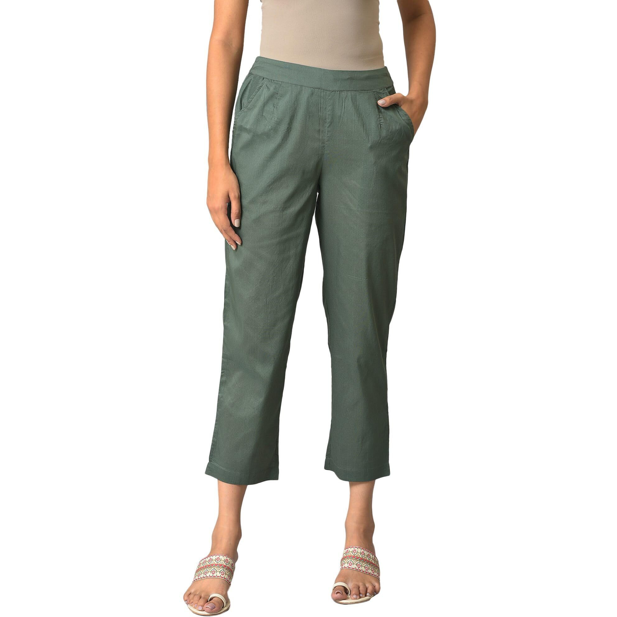 W For Woman Green Solid Blend Parallel Pants For Ethnic W For Womanear