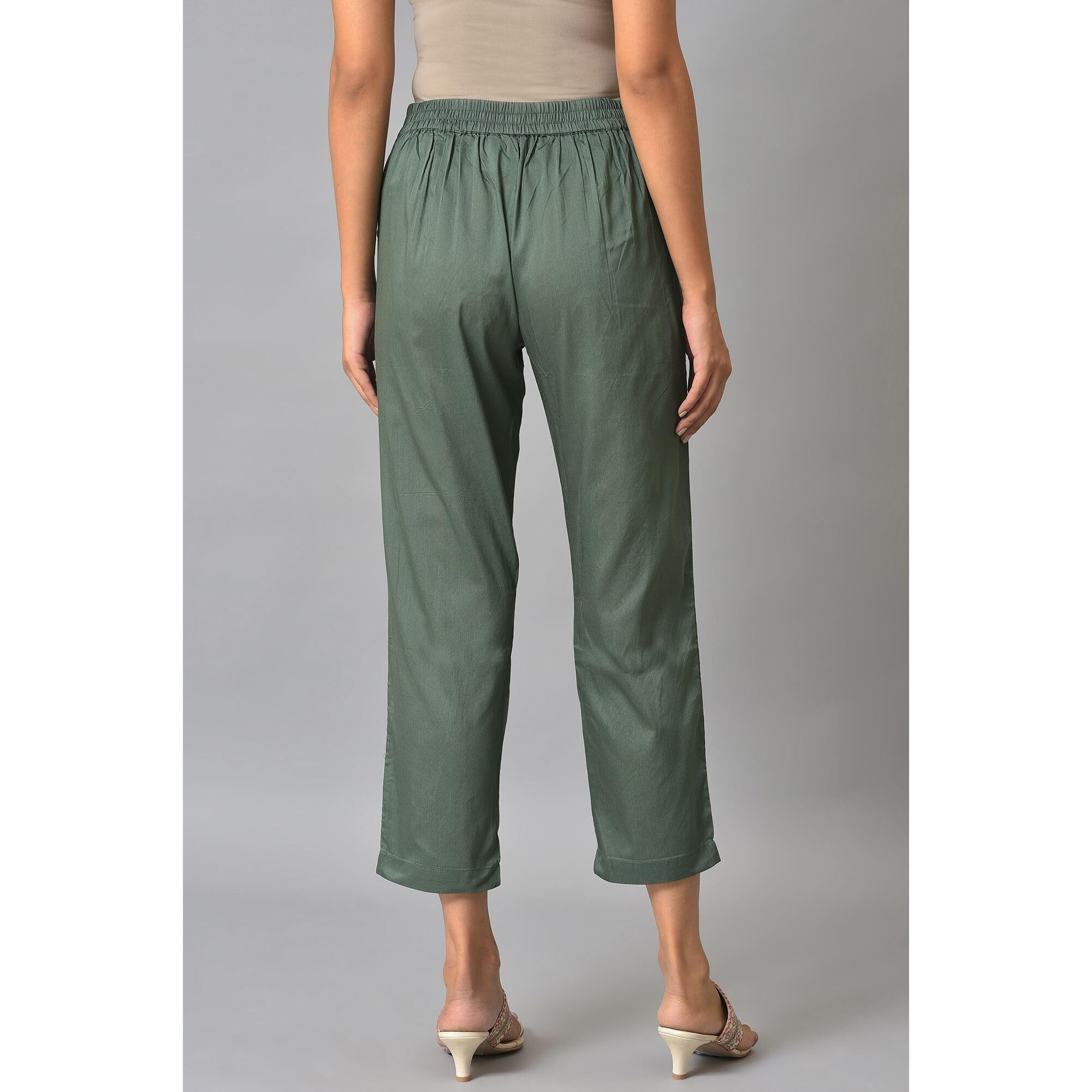 W For Woman Green Solid Blend Parallel Pants For Ethnic W For Womanear