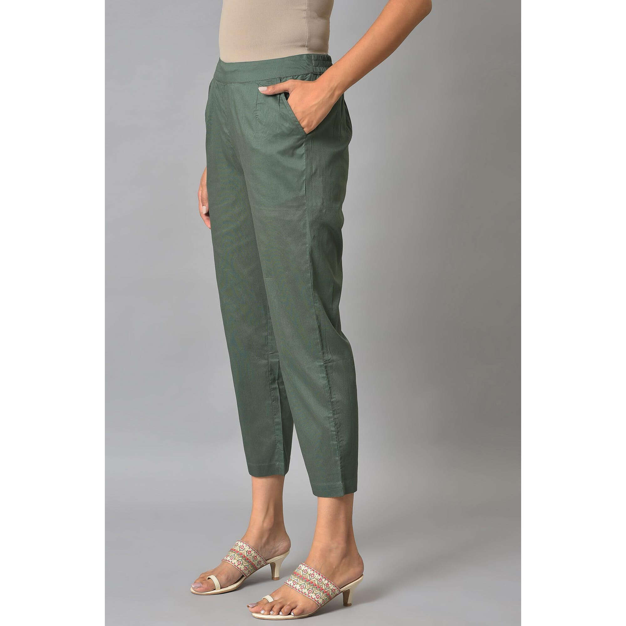 W For Woman Green Solid Blend Parallel Pants For Ethnic W For Womanear