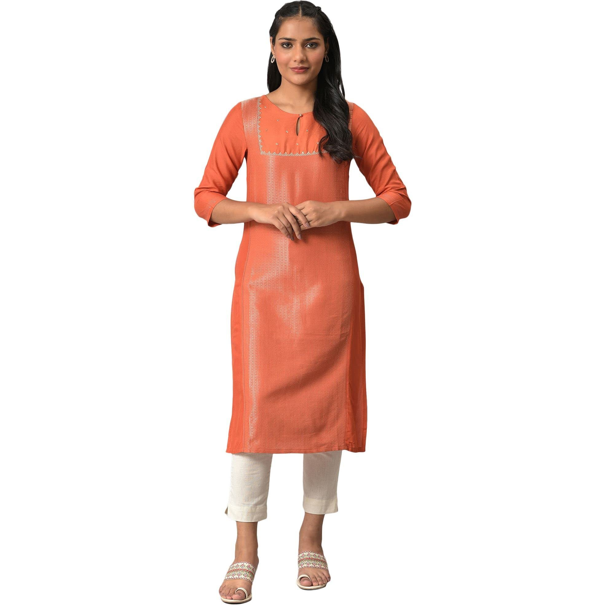 W For Woman Orange Panelled Dobby Festive Kurta_22Auw18062-311826_2Xl