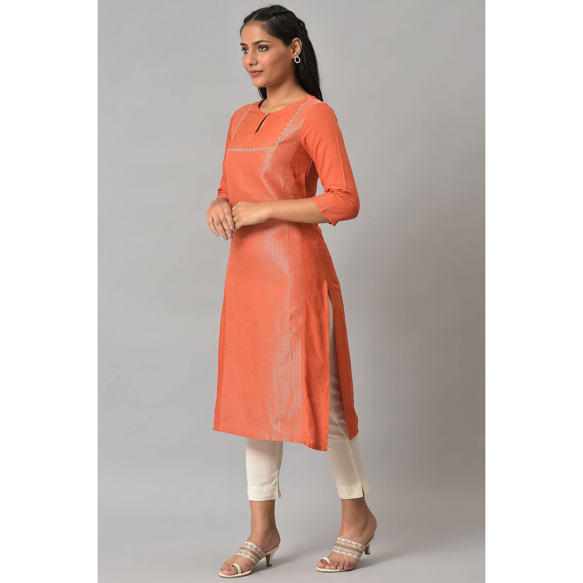 W For Woman Orange Panelled Dobby Festive Kurta_22Auw18062-311826_2Xl