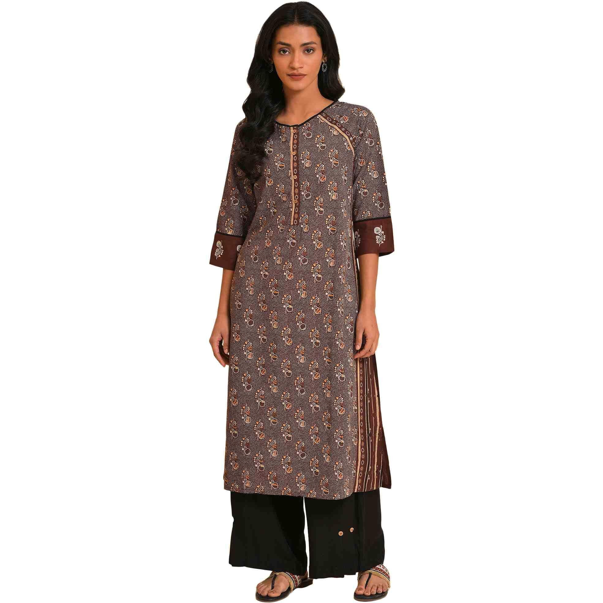 W For Woman Brown Paisley Printed Straight Long Kurta With Coins