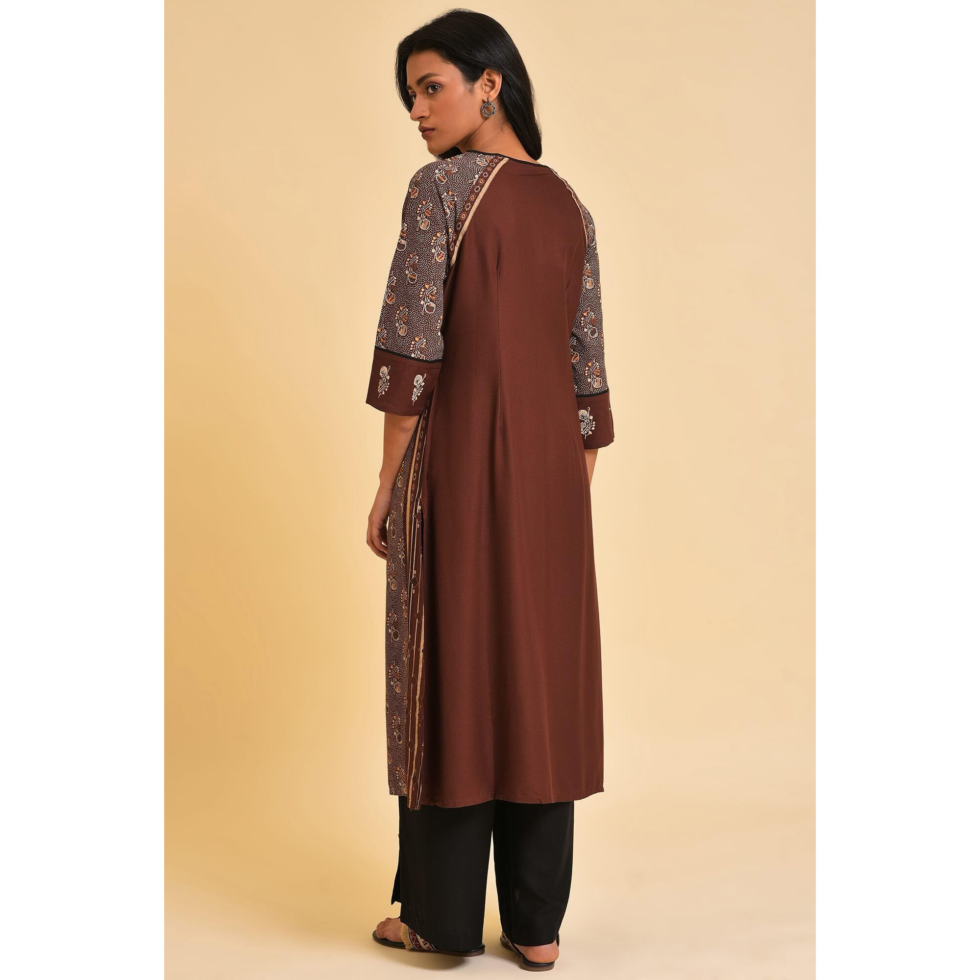 W For Woman Brown Paisley Printed Straight Long Kurta With Coins