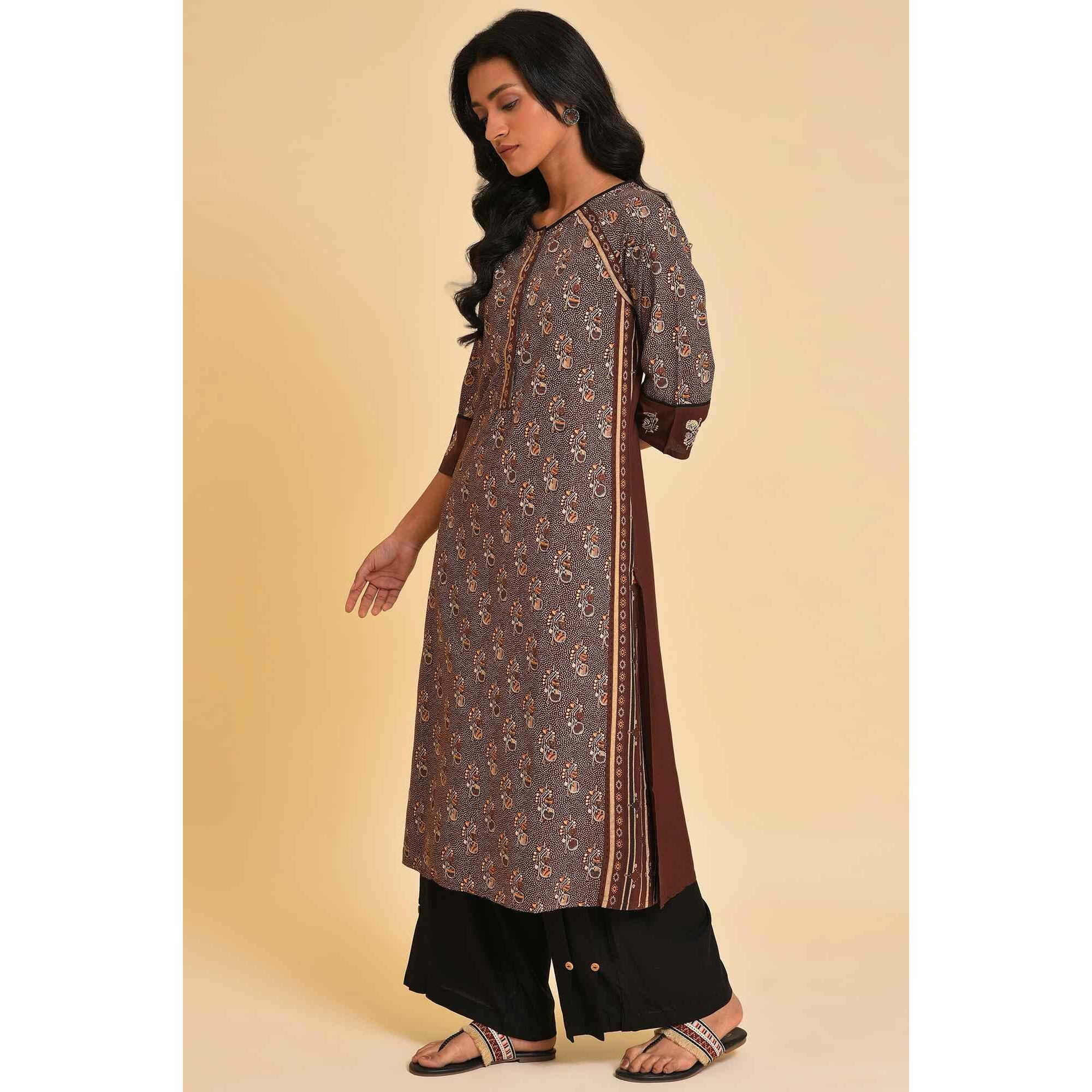 W For Woman Brown Paisley Printed Straight Long Kurta With Coins