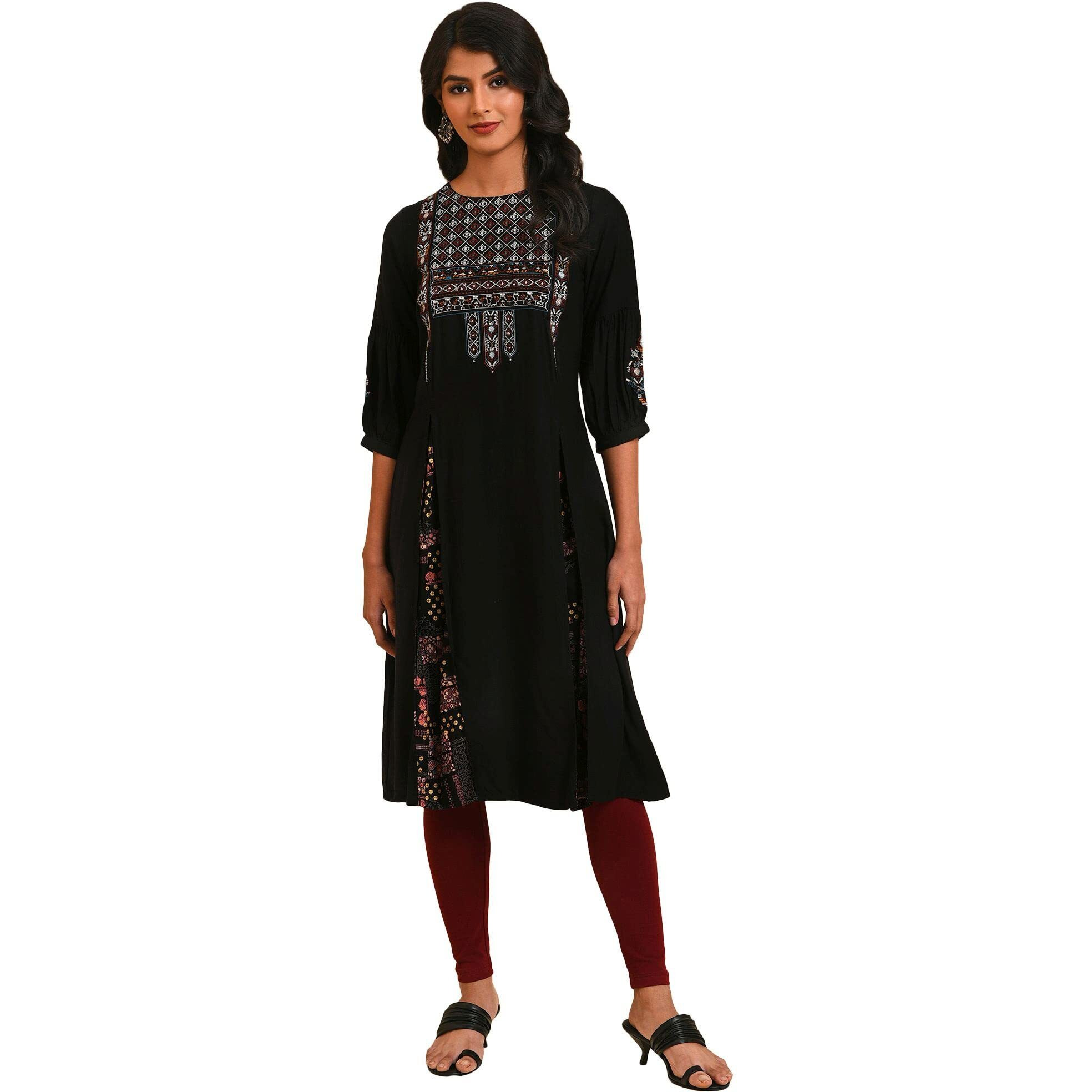 W For Woman Women's Viscose Regular Tunic (23Few18156-217754_Black_18)