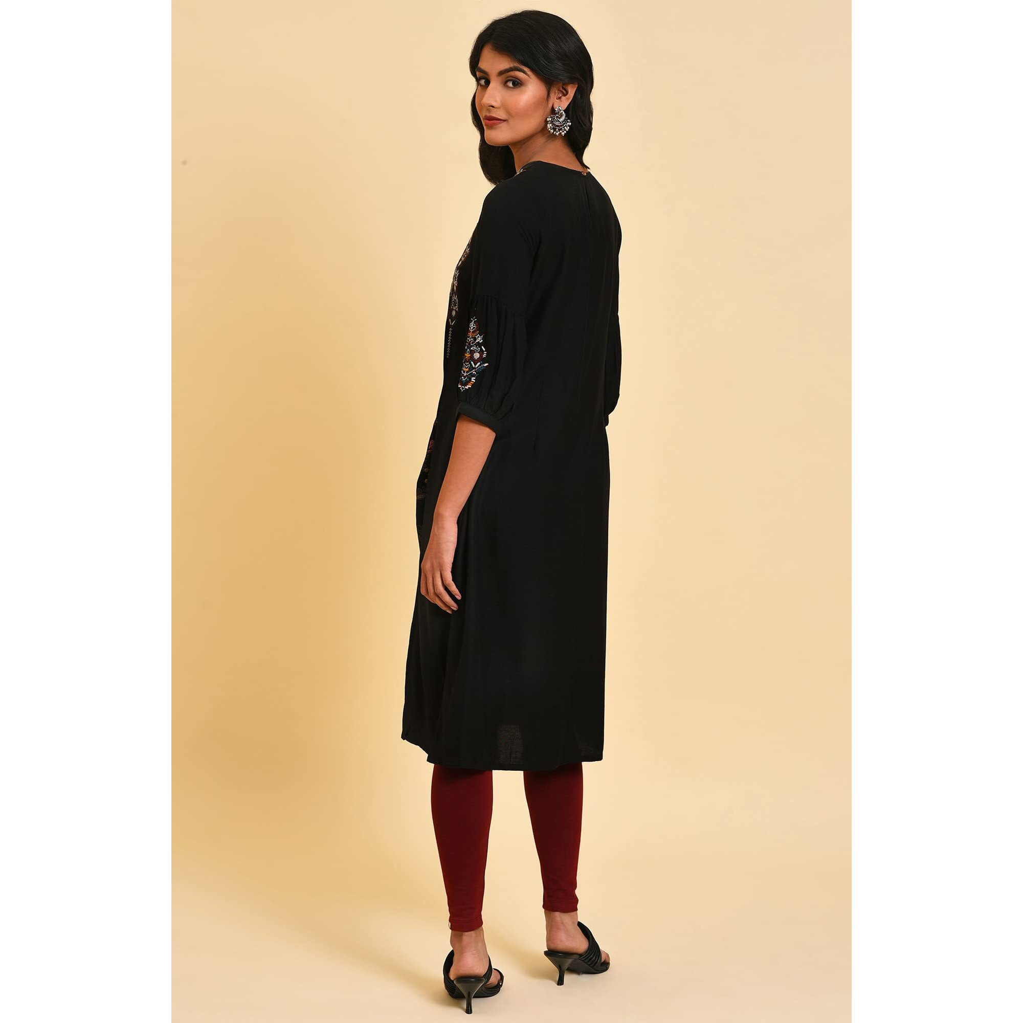 W For Woman Women's Viscose Regular Tunic (23Few18156-217754_Black_18)