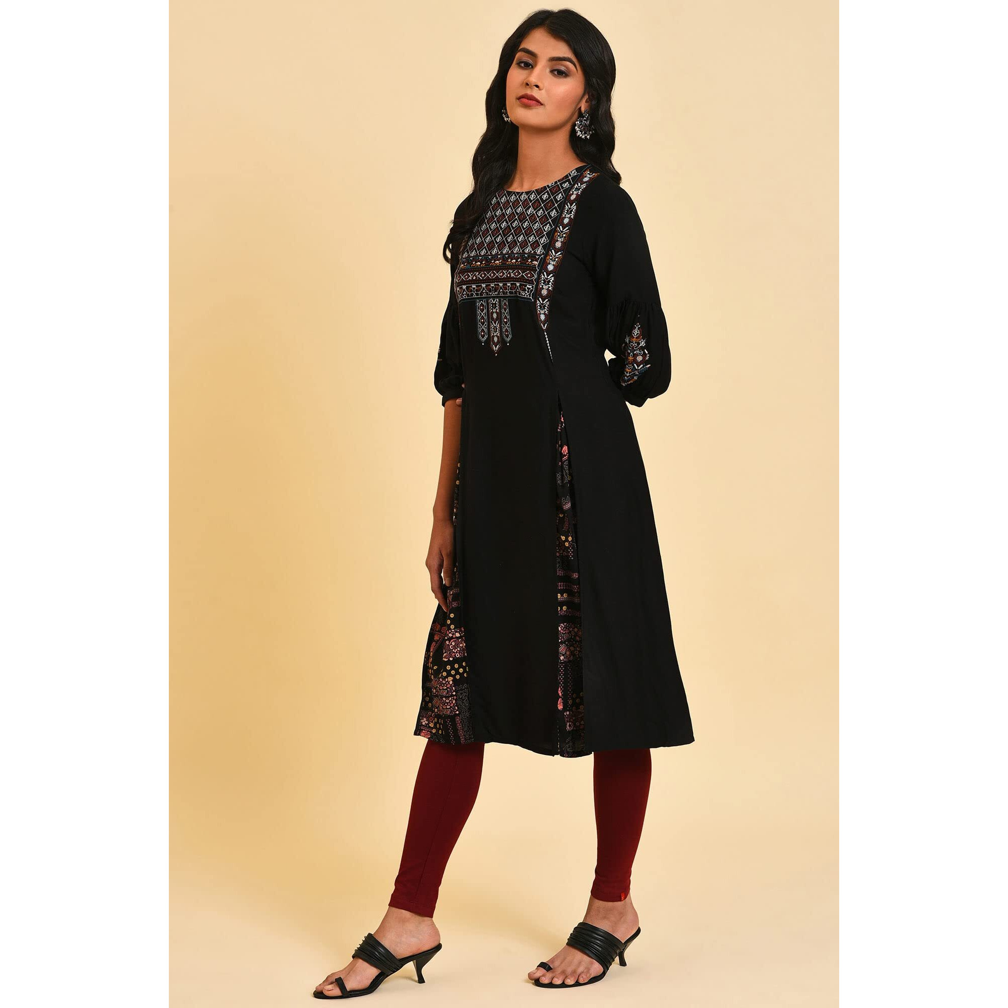 W For Woman Women's Viscose Regular Tunic (23Few18156-217754_Black_18)