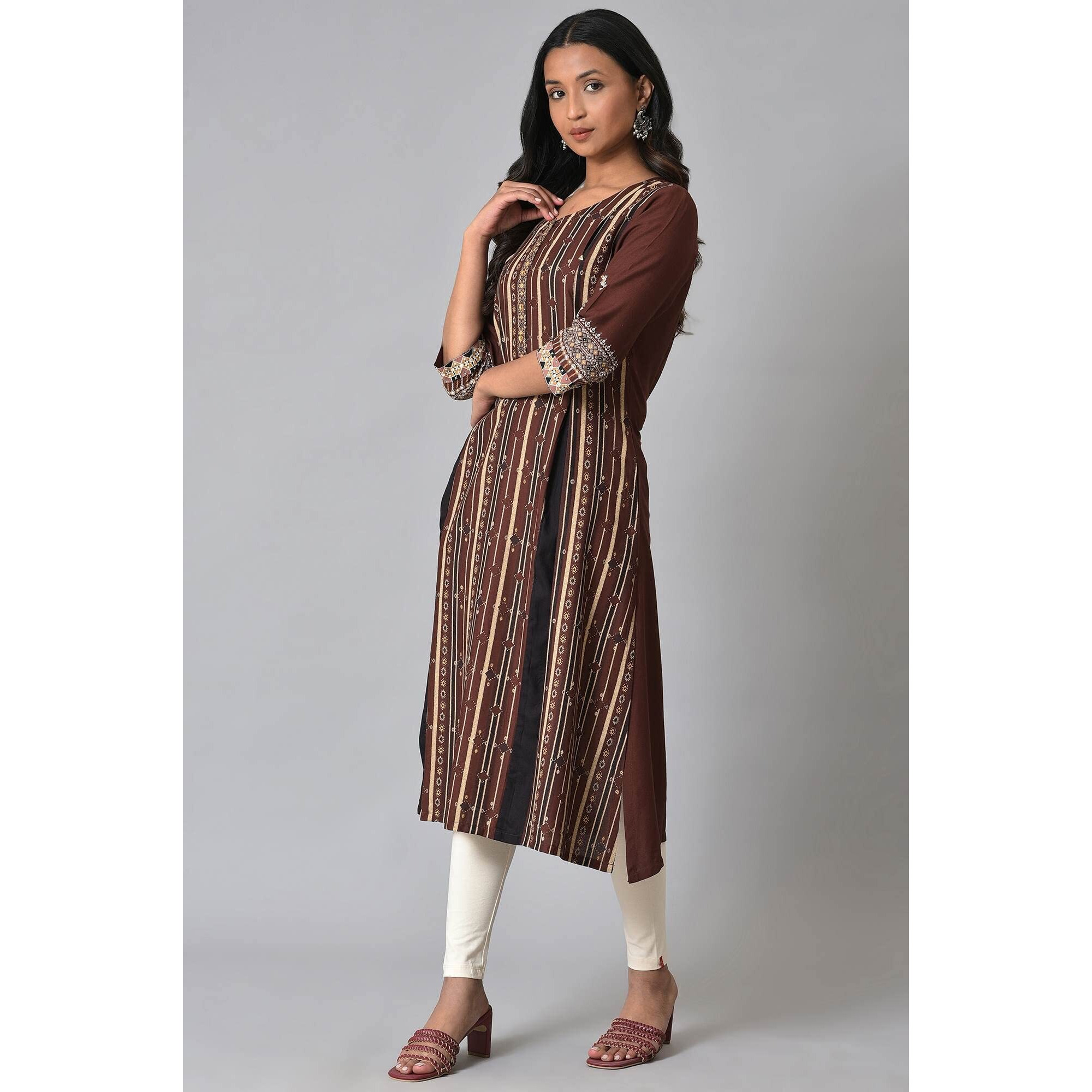 W For Woman Brown Stripe Printed Kurta With Box Pleats (Size M)-23Few18160-118744