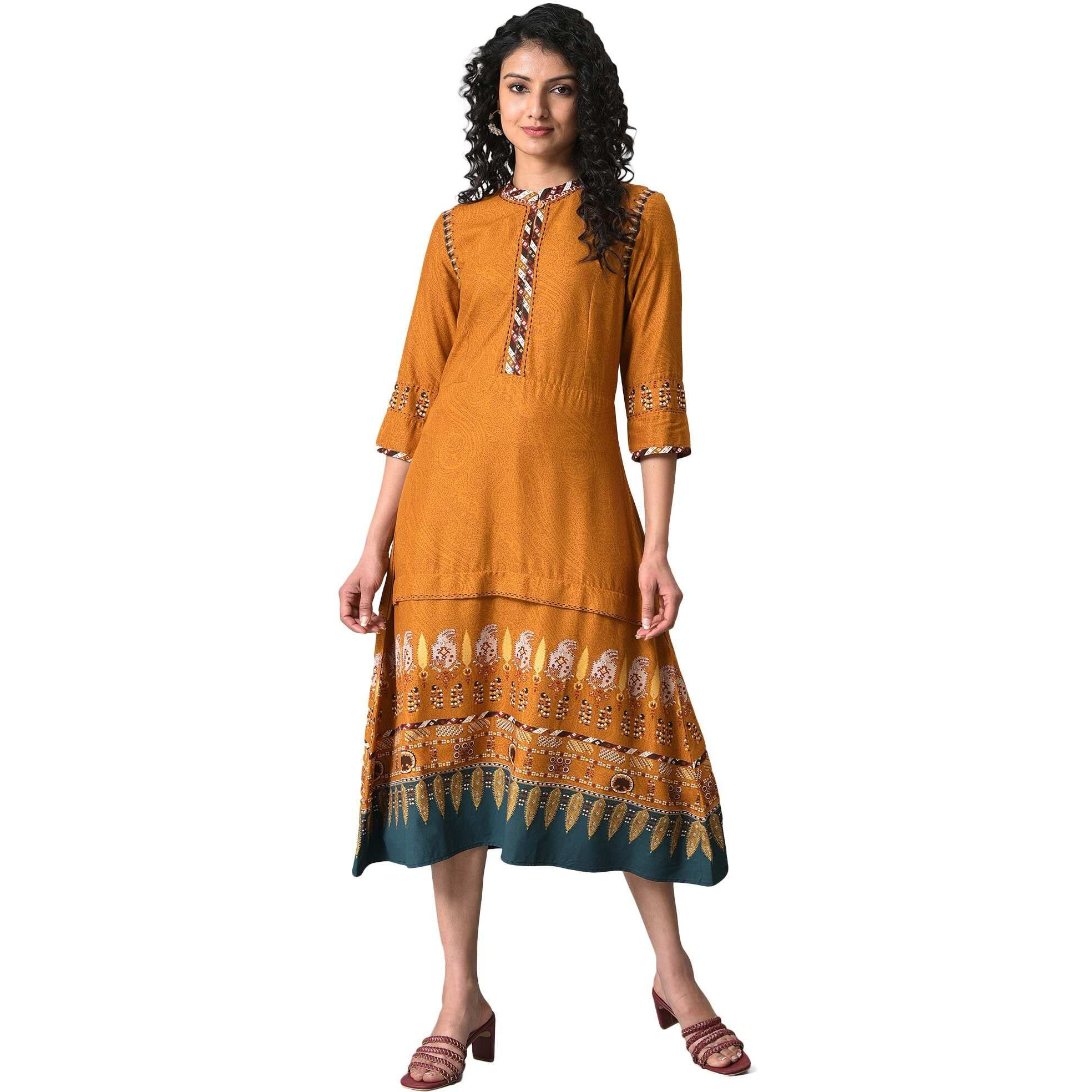W For Woman Women's Viscose Mustard Printed A-Line Dress Calf Length (23Few18163-118752 14)