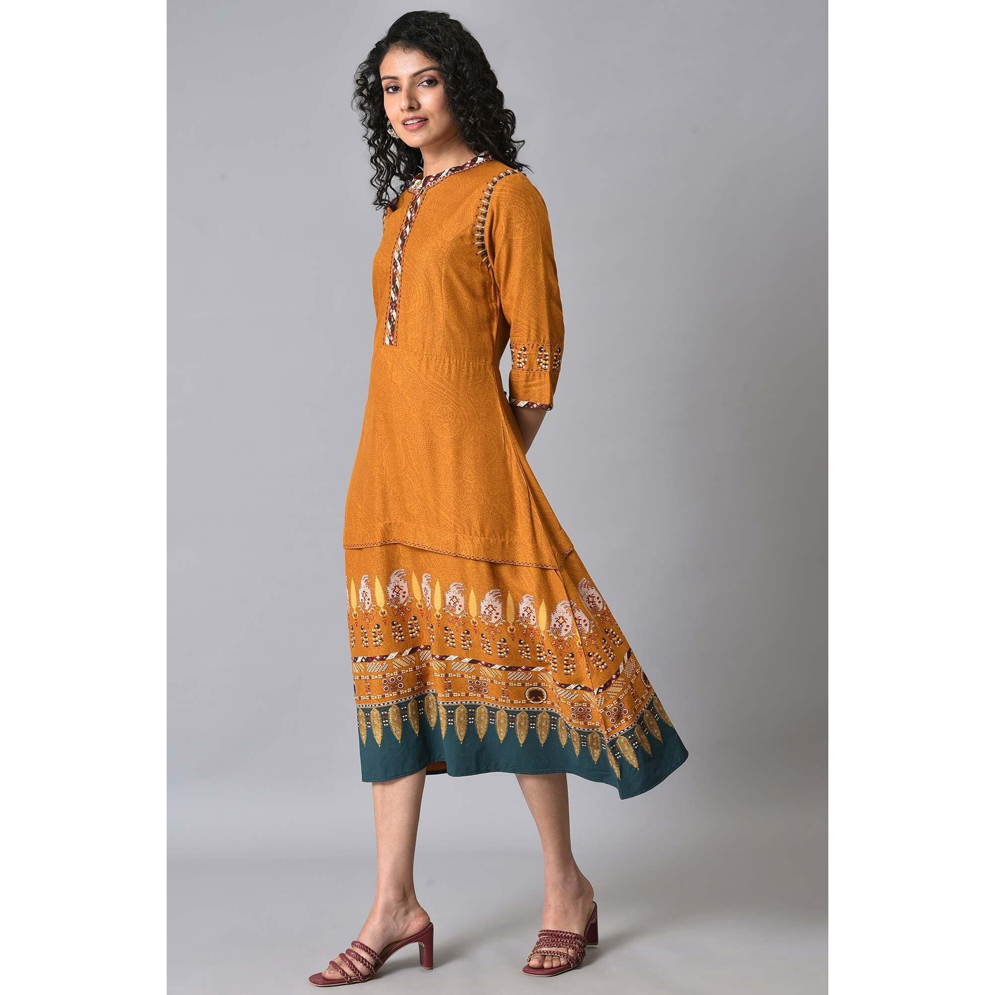 W For Woman Mustard Printed Plus Size A-Line Dress_23Few18163G-118752_5Xl