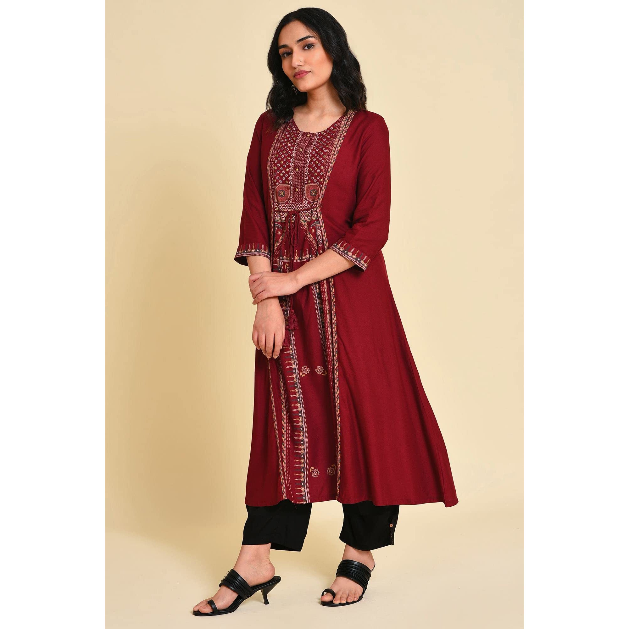 W For Woman Red Mock Layer Printed Kurta_23Few18164-118738_M_10