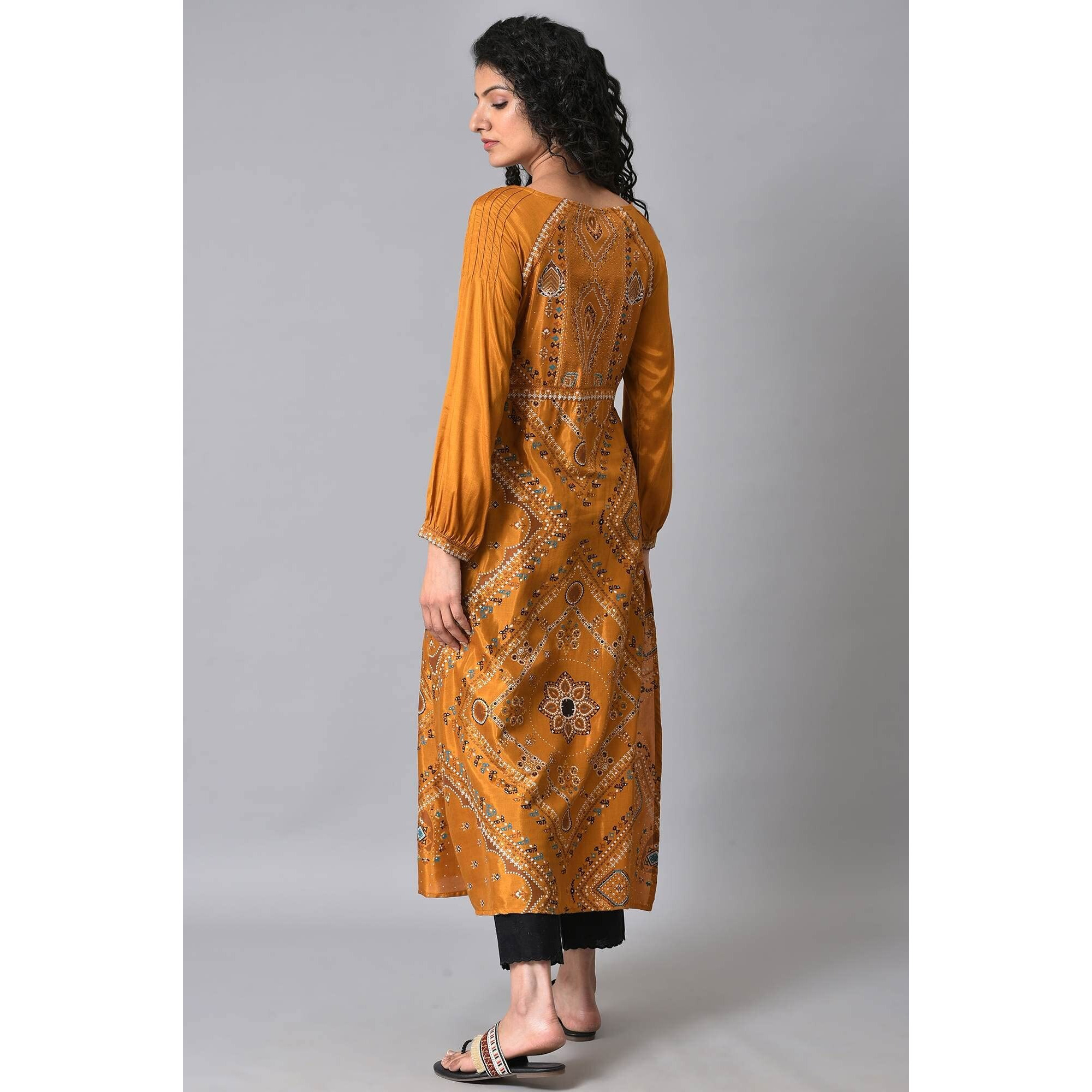 W For Woman Dark Yellow Ethnic Motif Long Kurta With Coins