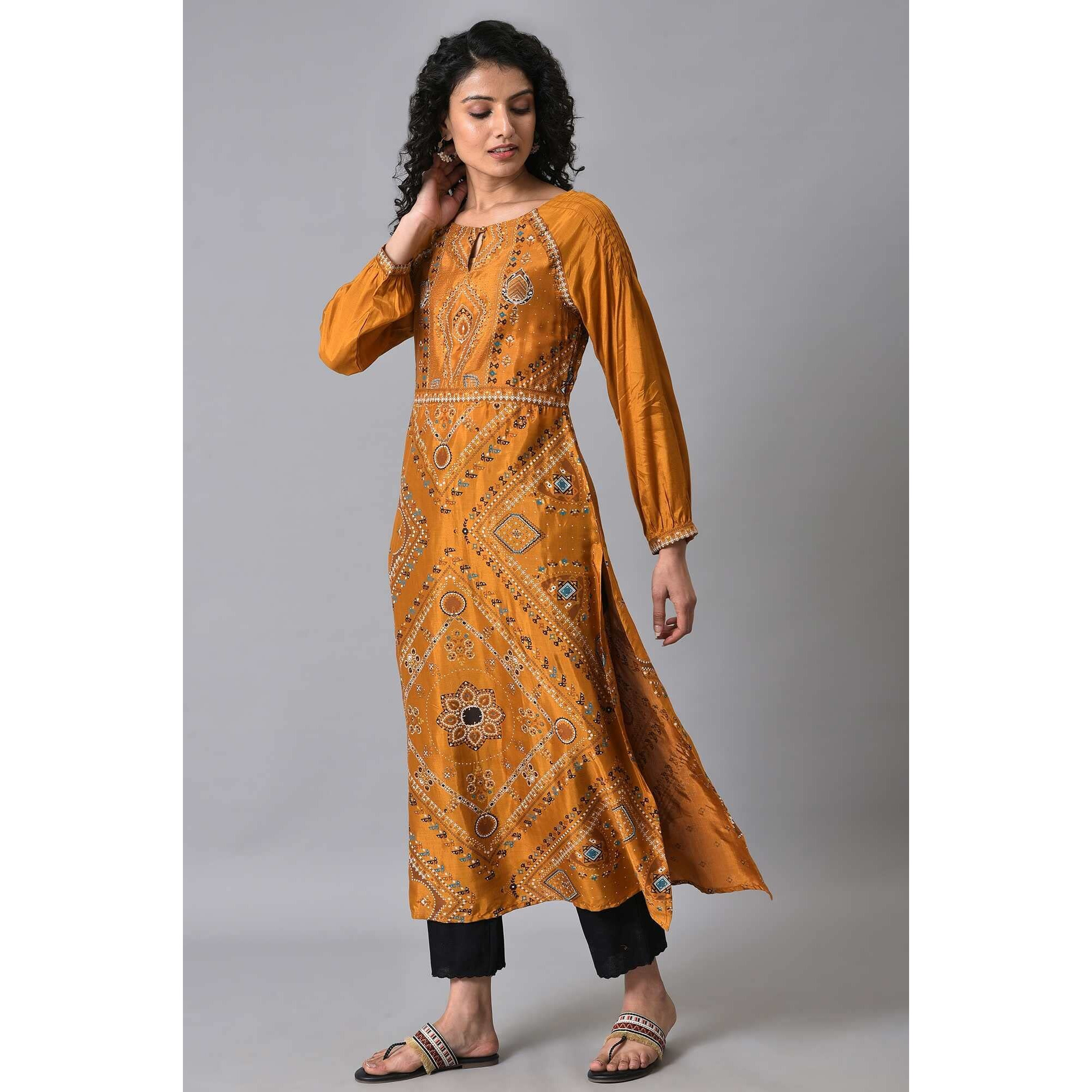 W For Woman Dark Yellow Ethnic Motif Long Kurta With Coins