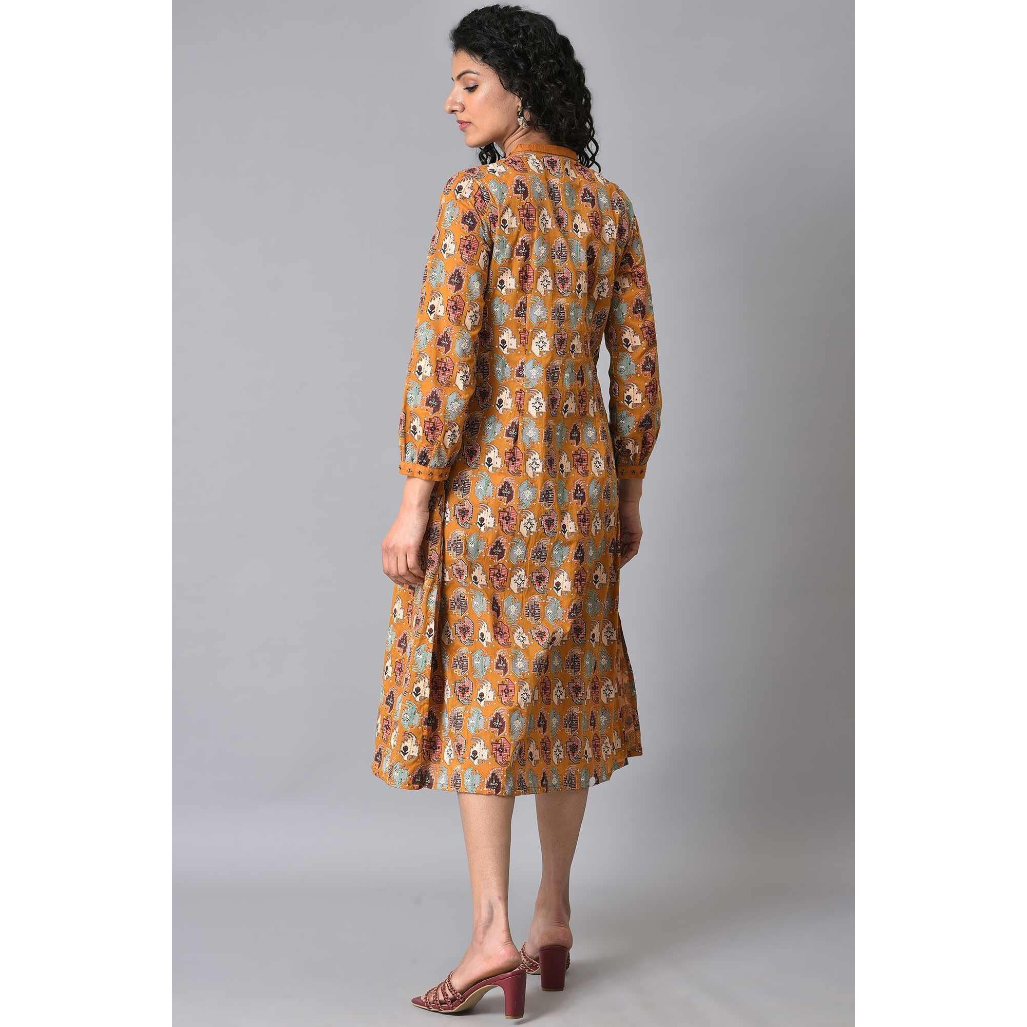 W For Woman Dark Yellow Printed Pleated Shirt Dress_23Few18170-118734_2Xl